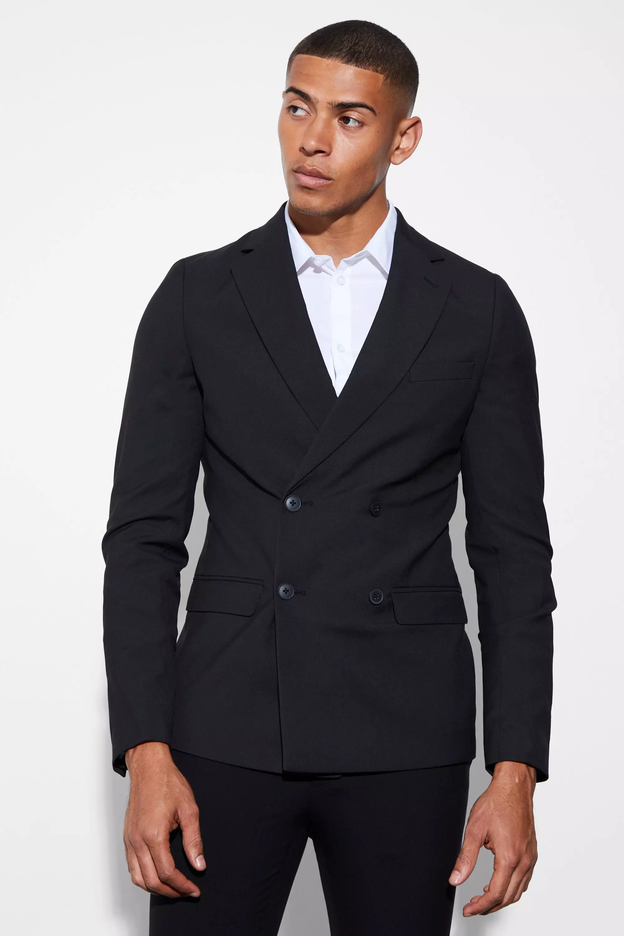 Super Skinny Double Breasted Suit Jacket Black