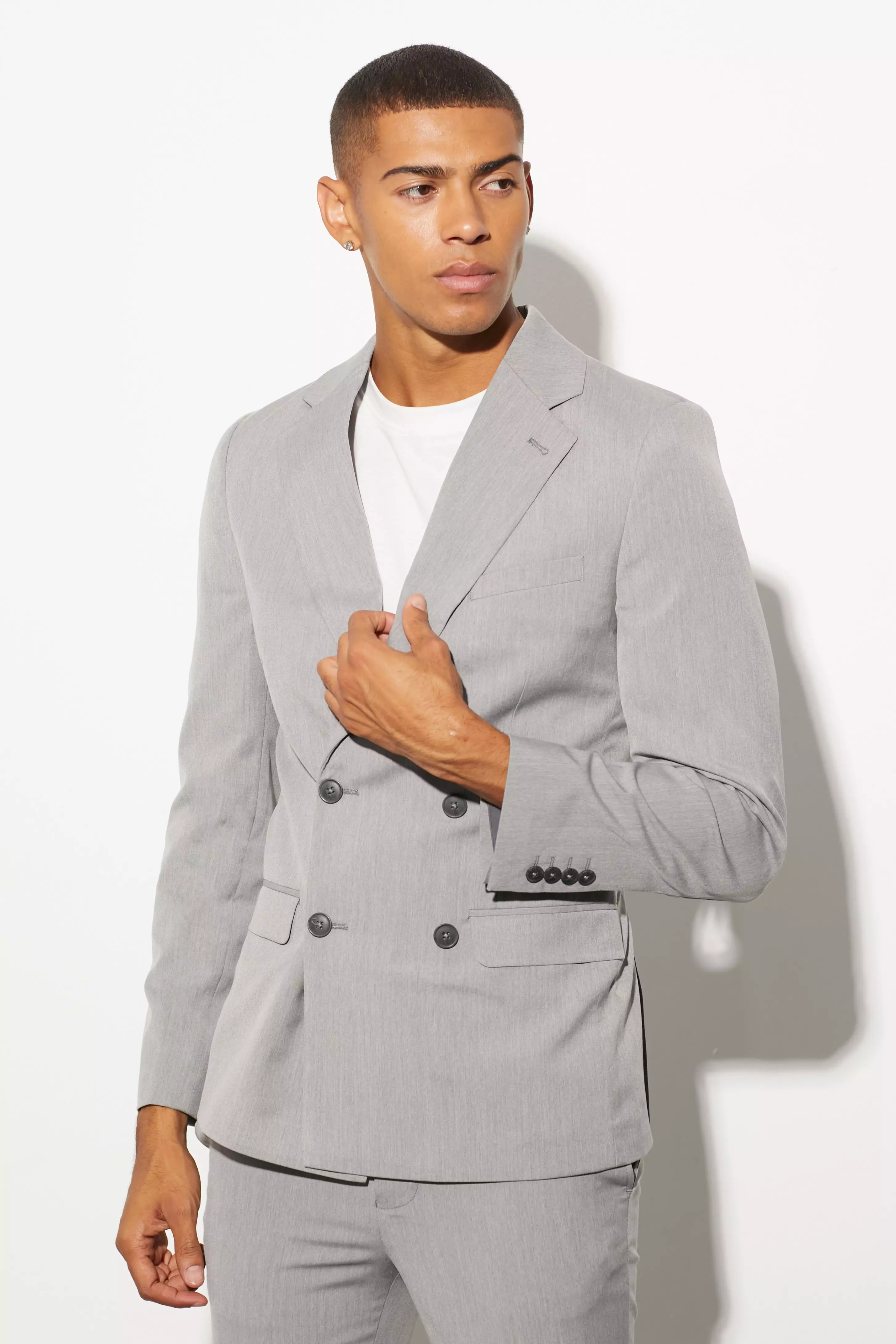 Grey Super Skinny Double Breasted Suit Jacket