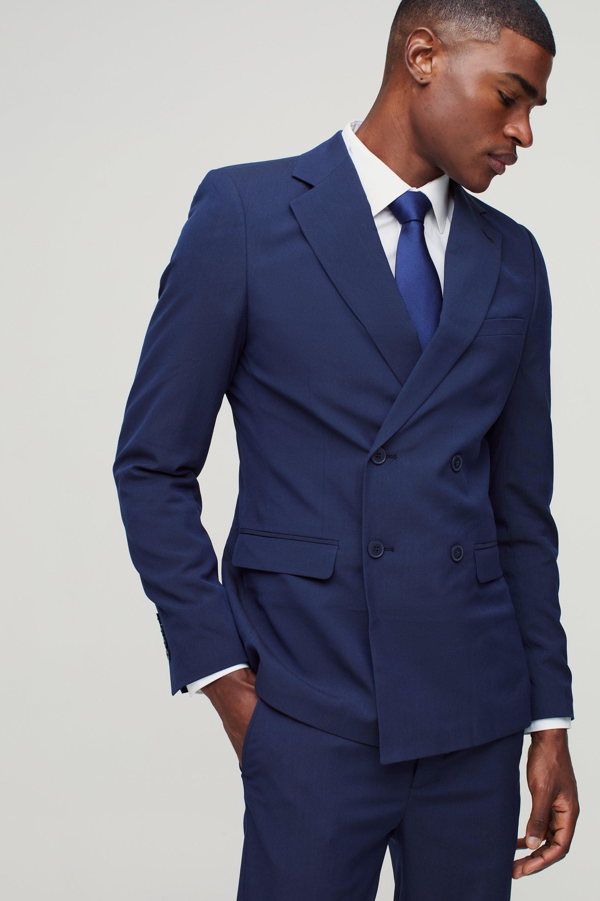 Navy Skinny Double Breasted Suit Jacket