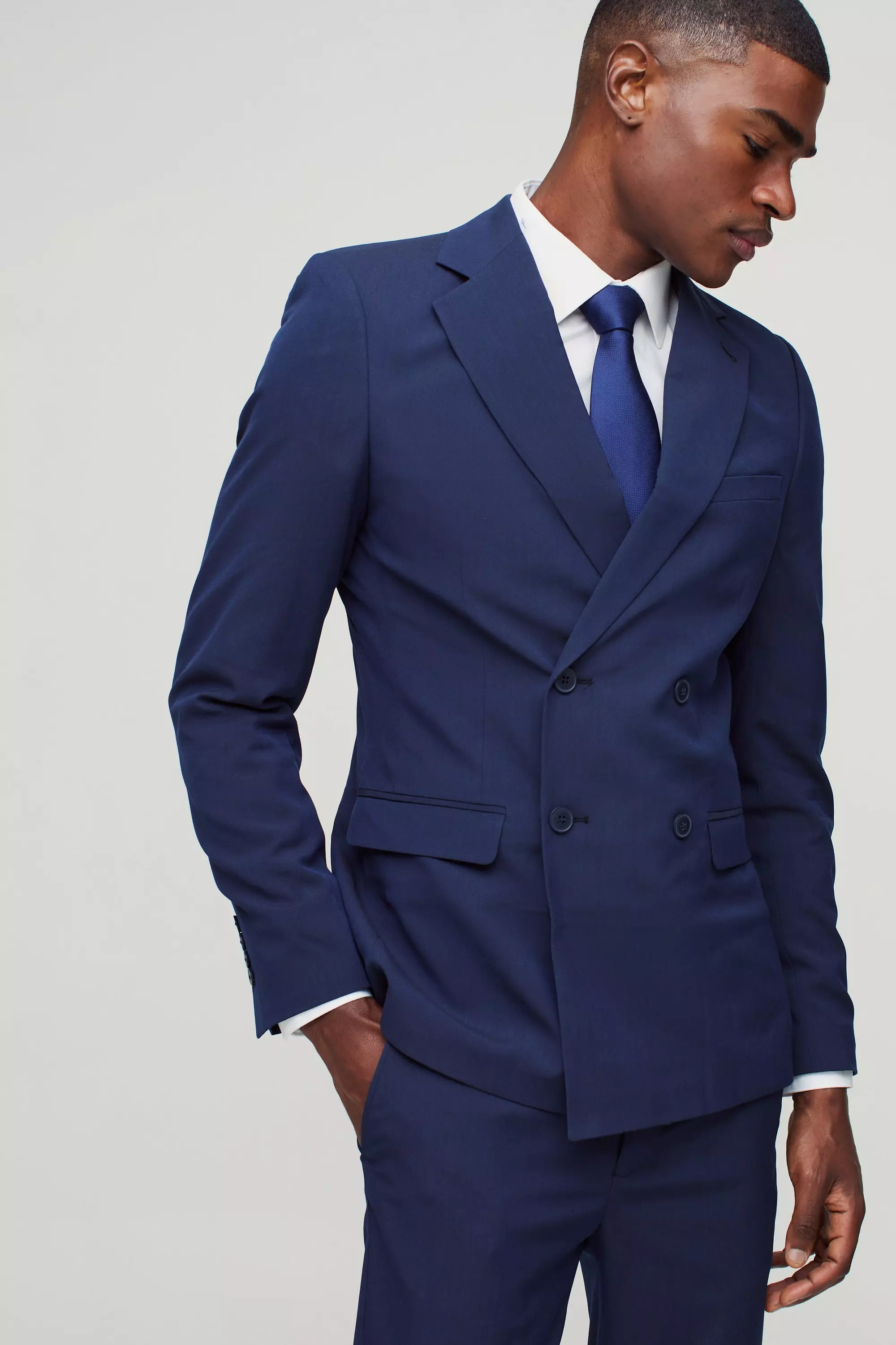 Navy Skinny Double Breasted Suit Jacket alternative image