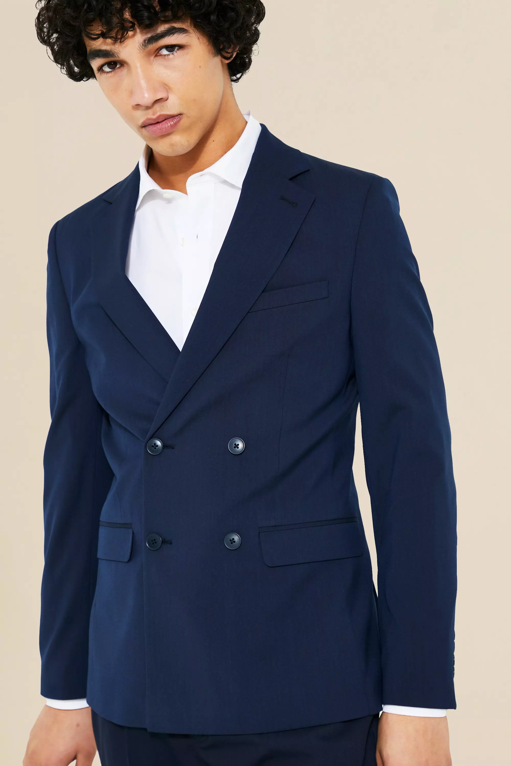 Navy Skinny Double Breasted Suit Jacket alternative image