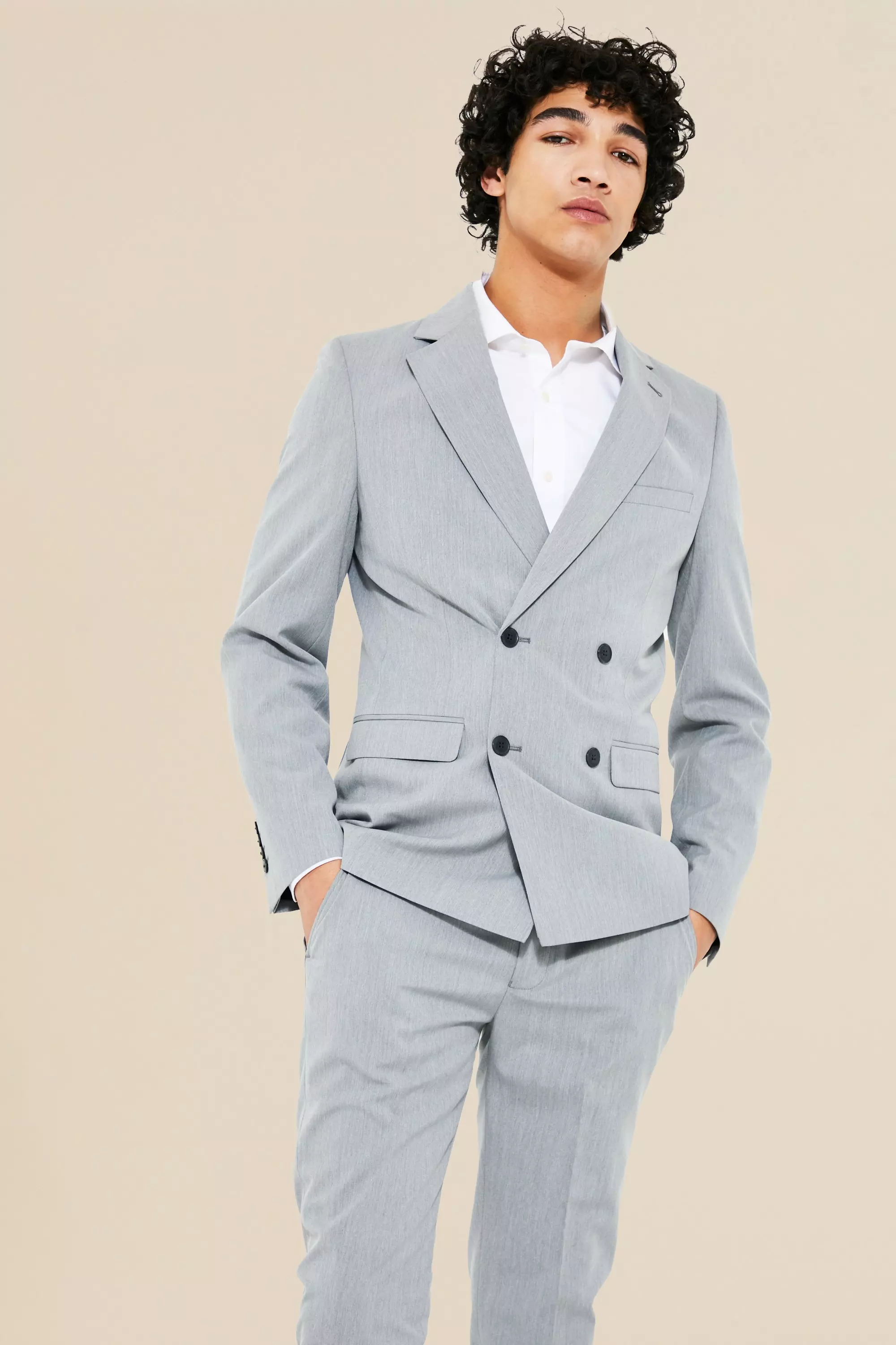 Skinny Double Breasted Suit Jacket Grey