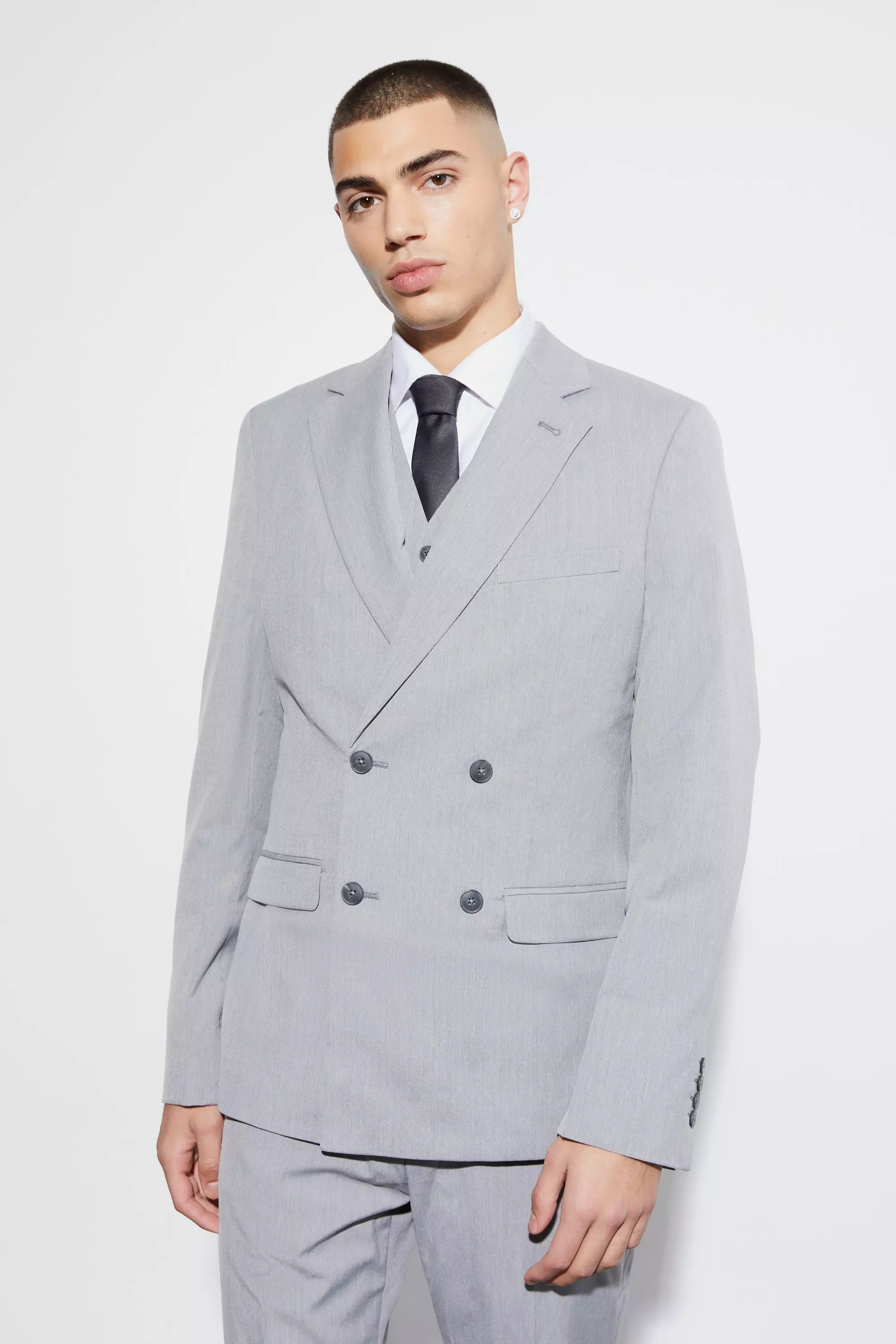 Grey Slim Double Breasted Suit Jacket alternative image
