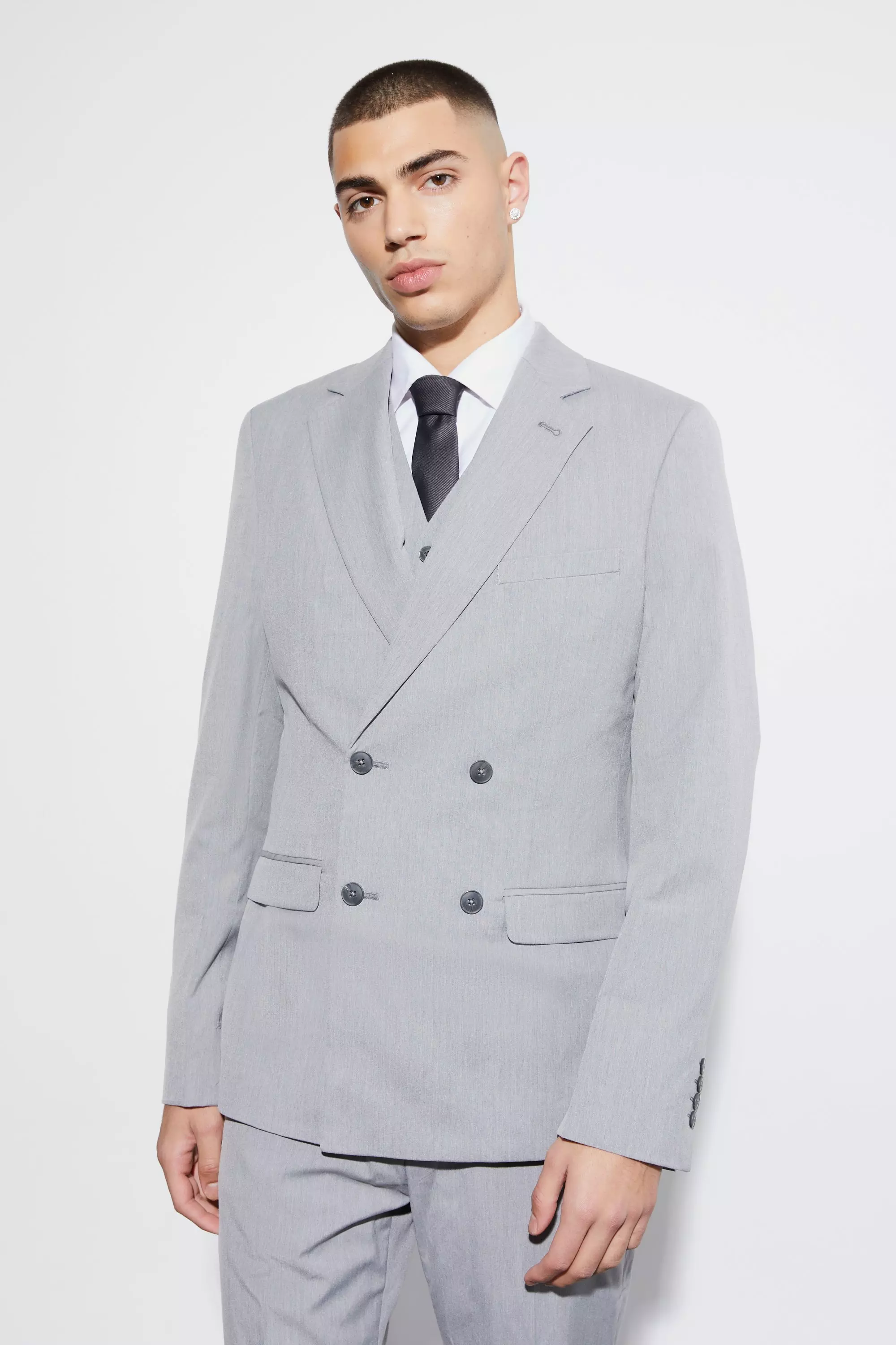 Slim Double Breasted Suit Jacket Grey