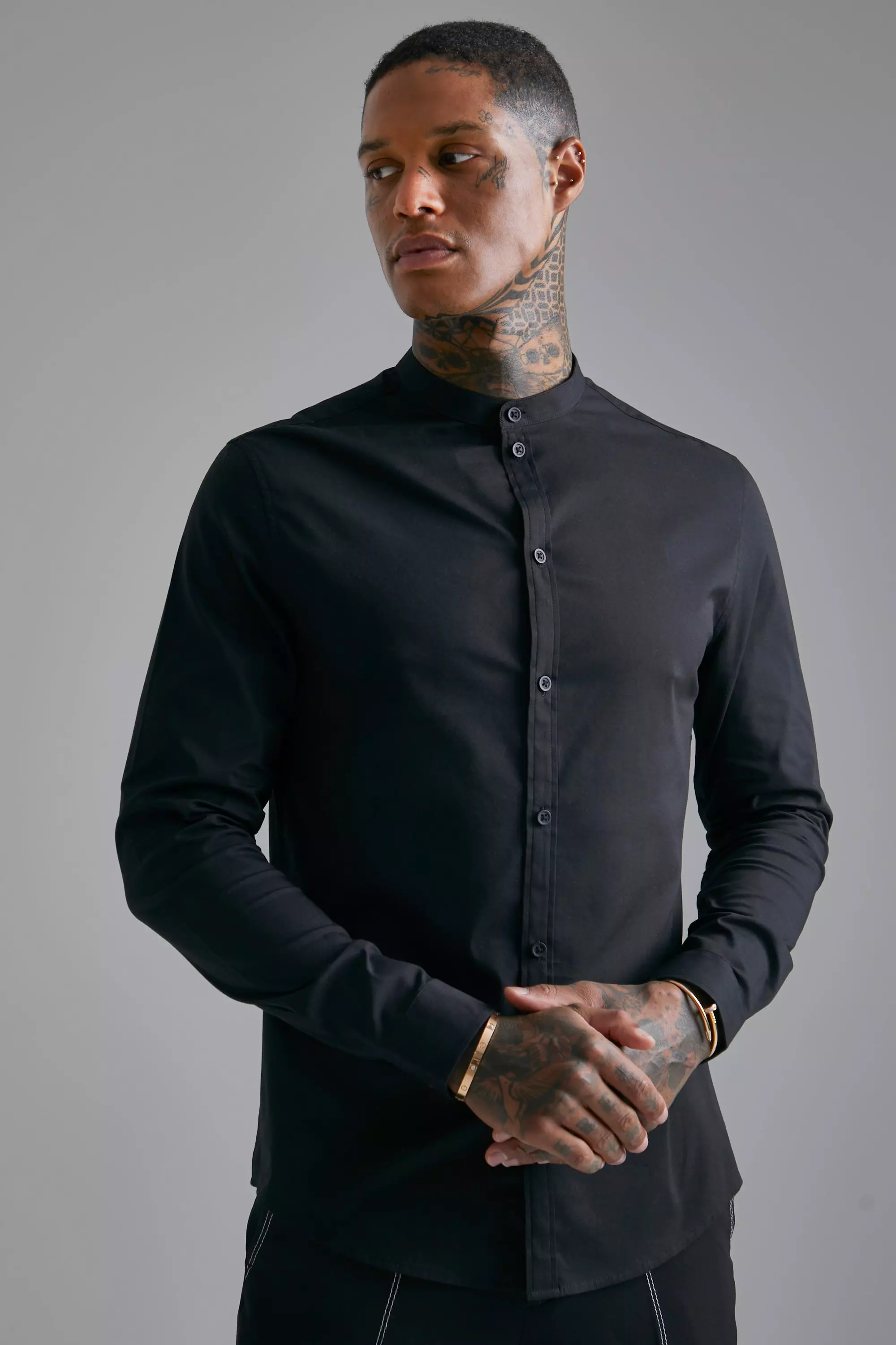 Long Sleeve Slim Grandad Shirt Black