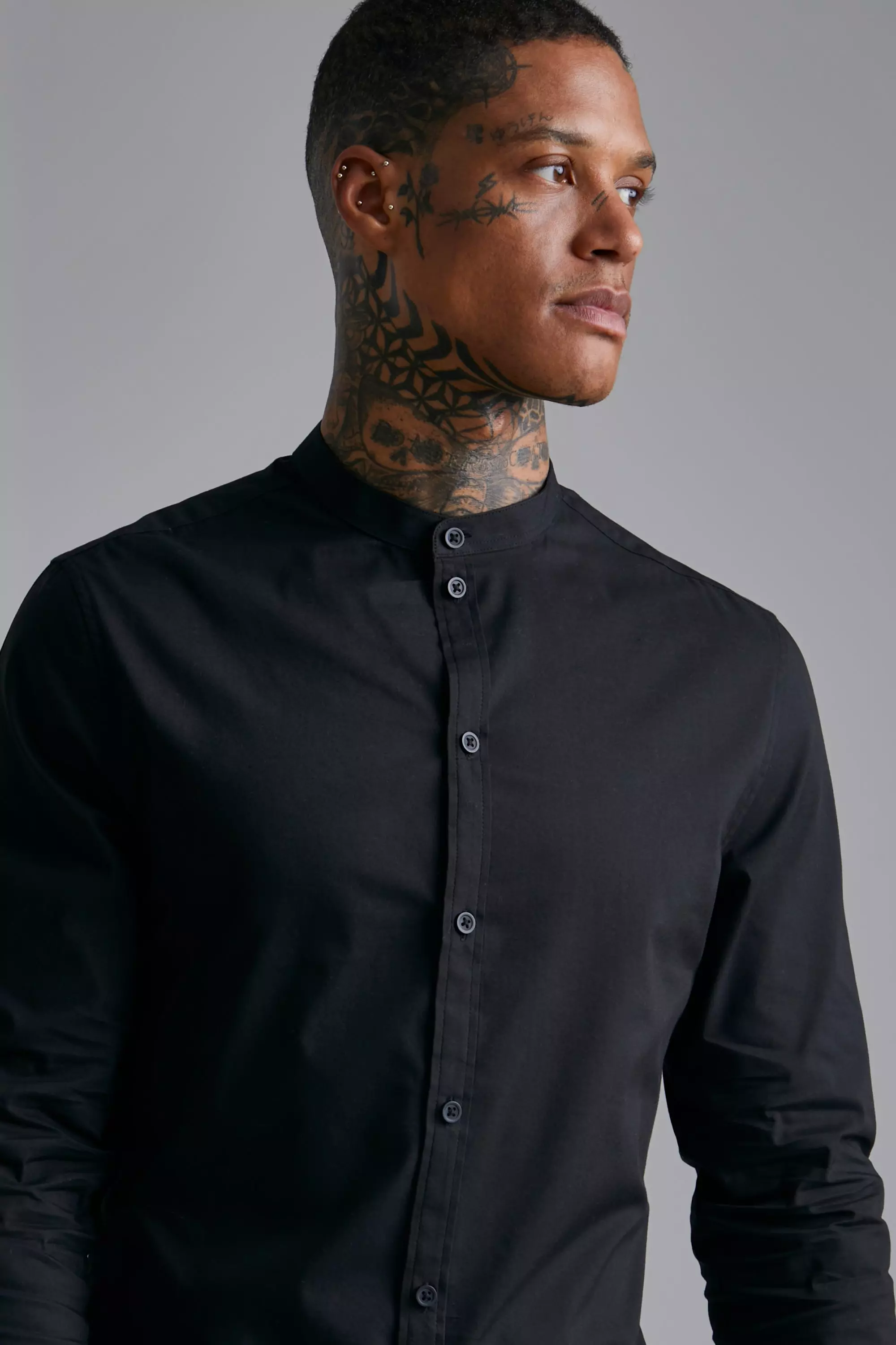 Black Long Sleeve Slim Grandad Shirt alternative image