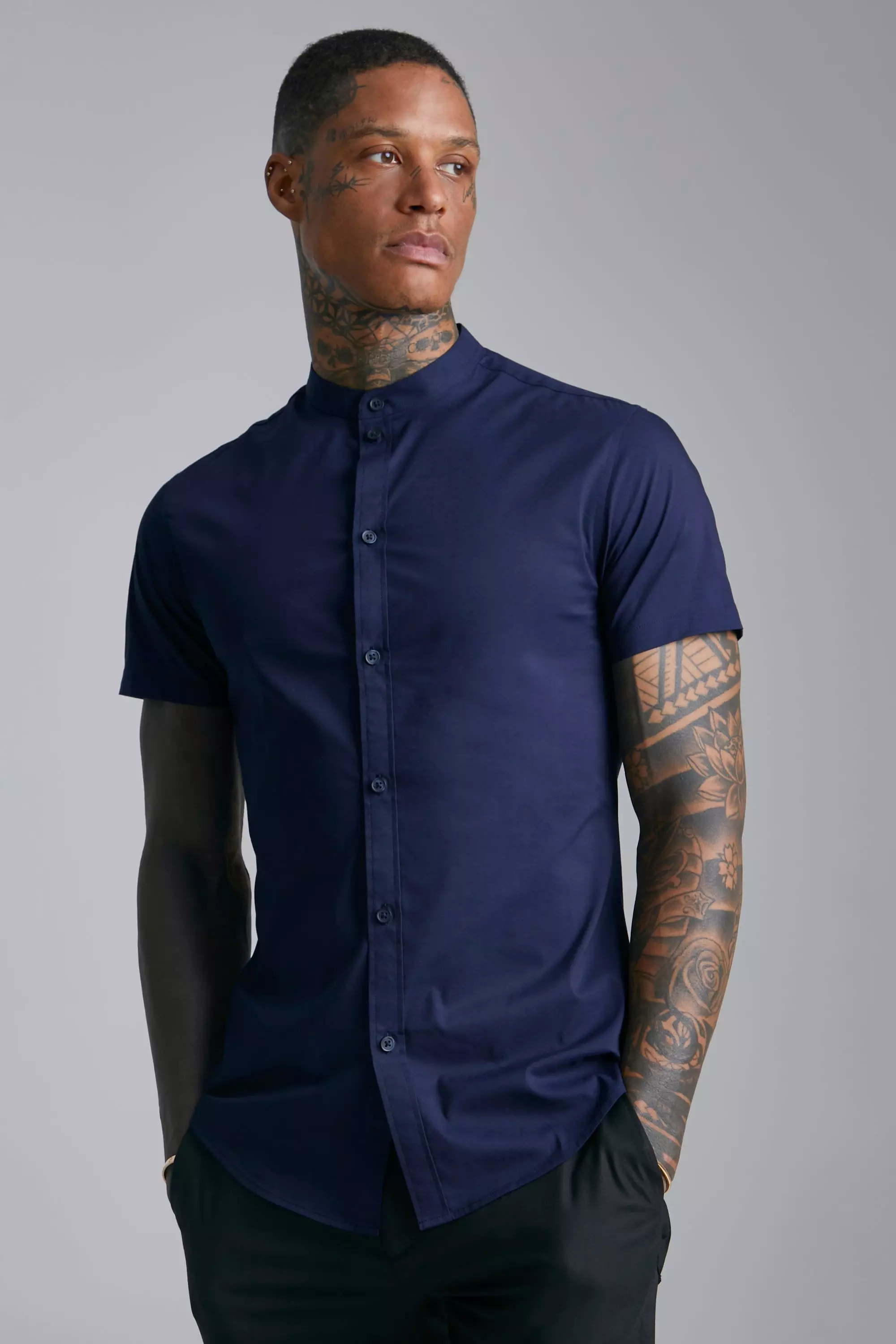 Short Sleeve Grandad Stretch Fit Shirt Navy