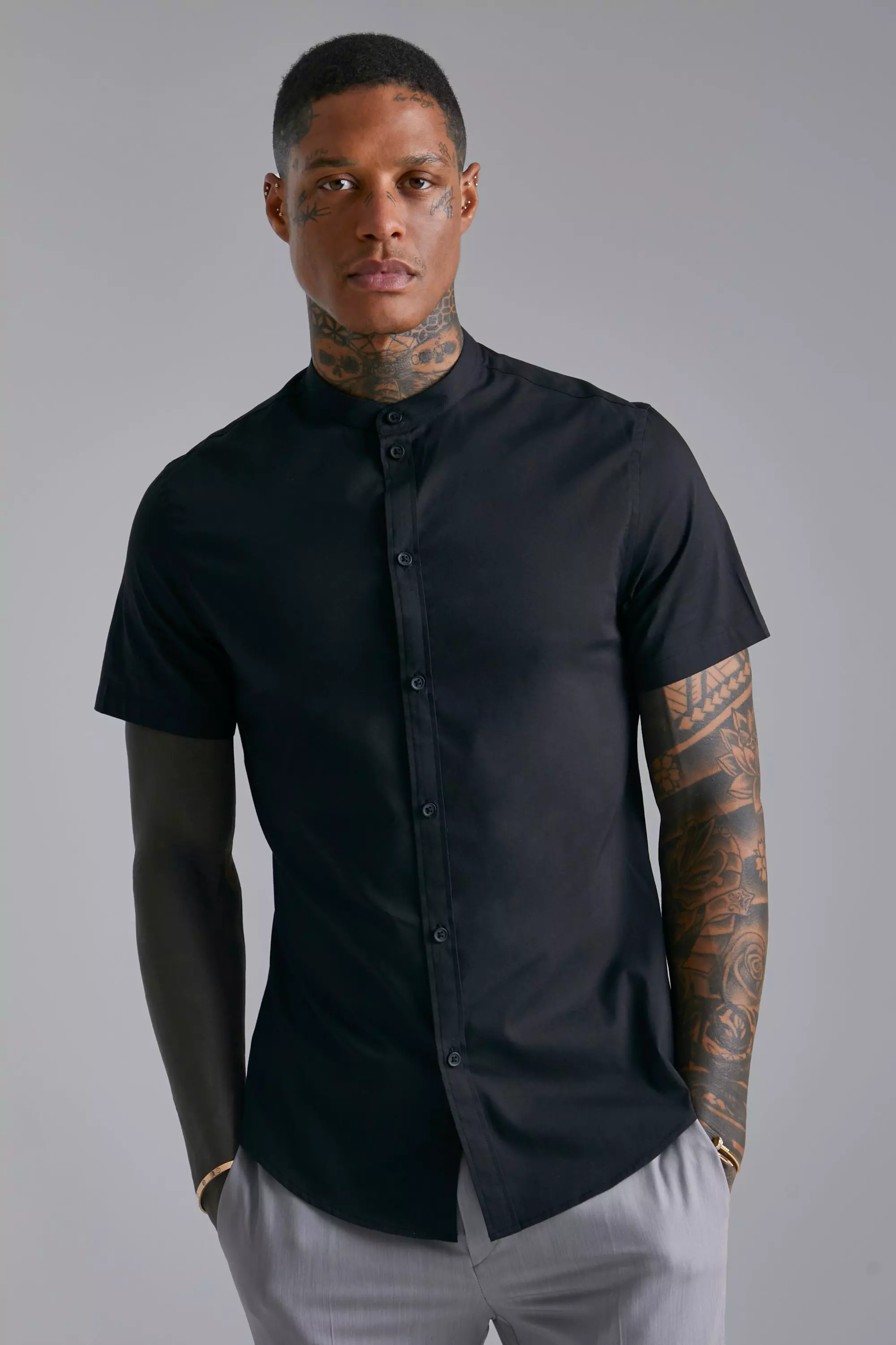 Short Sleeve Grandad Stretch Fit Shirt Black