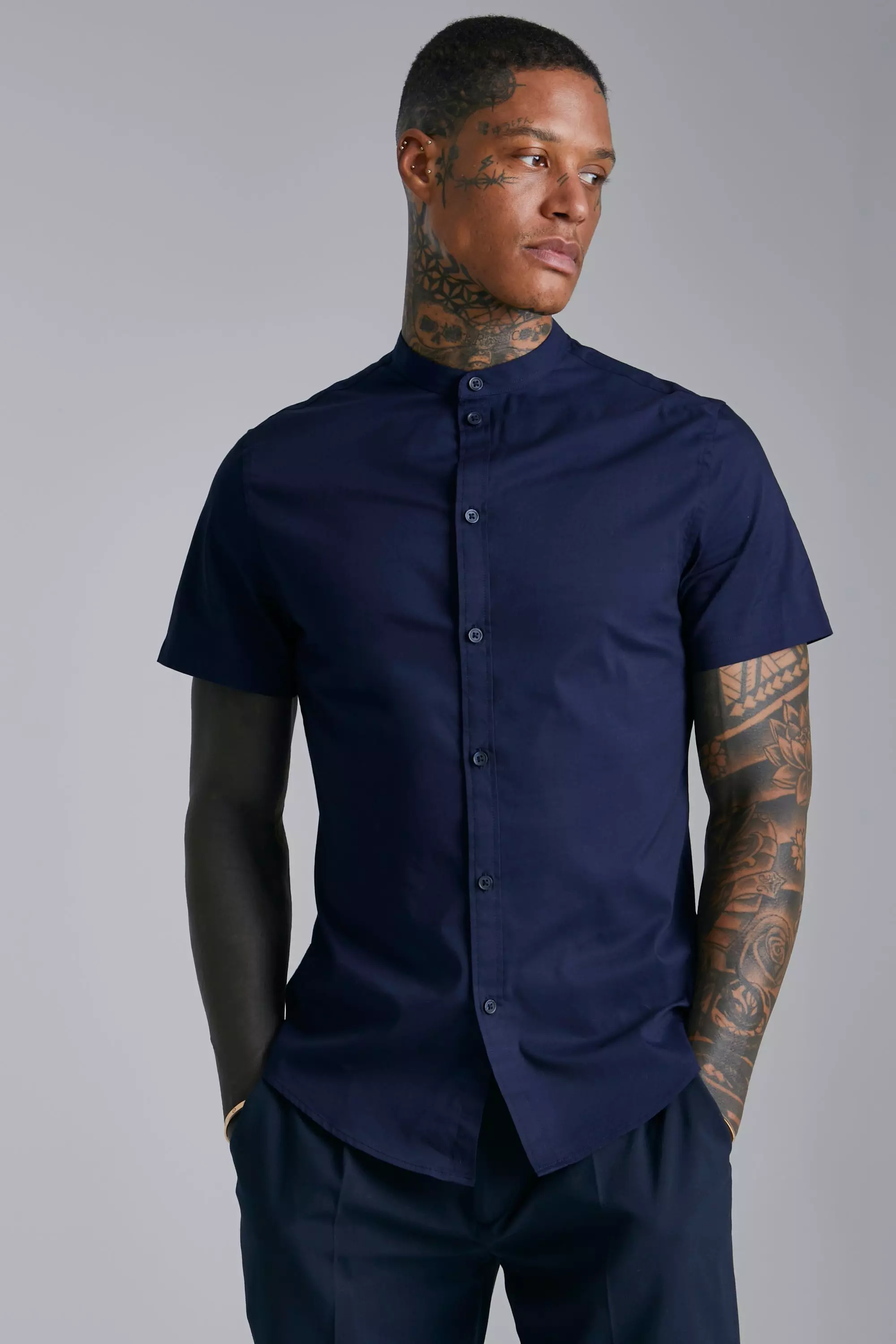 Short Sleeve Grandad Slim Fit Shirt Navy