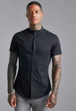 Short Sleeve Grandad Slim Shirt Black