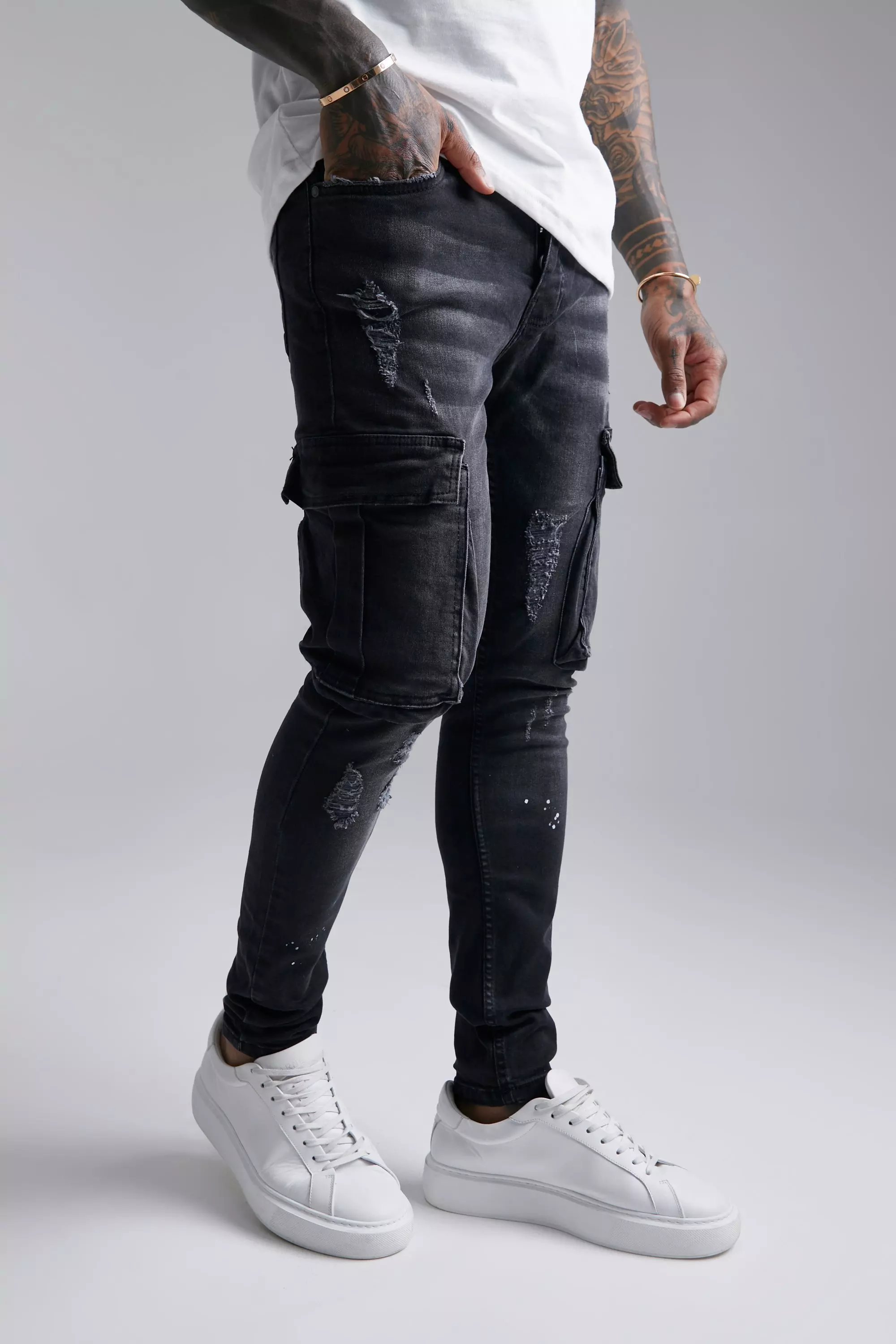 Black Super Skinny Cargo Jeans With Paint Splatter