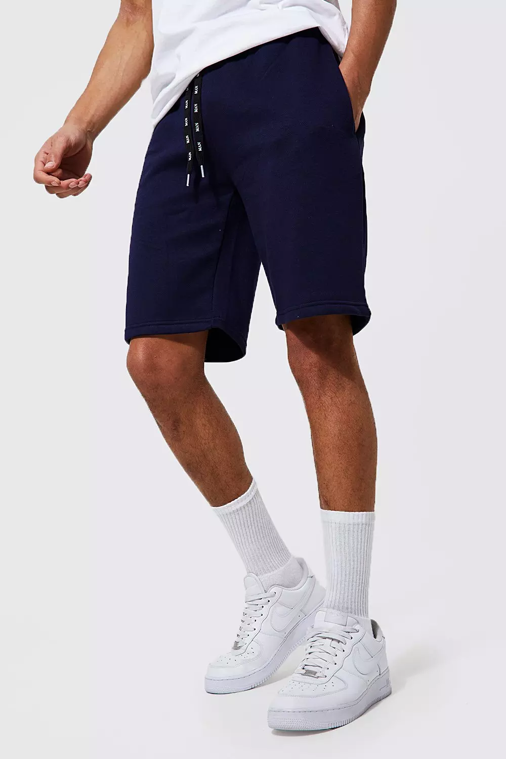 Navy Tall Sweat Shorts With Man Drawcords