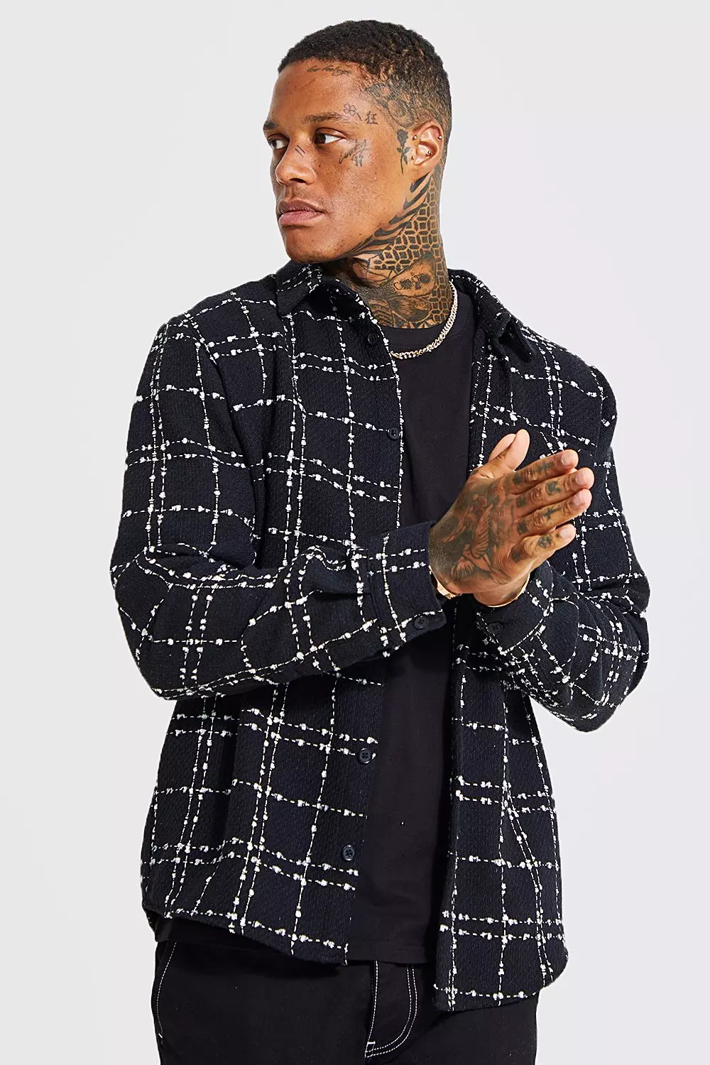 Heavyweight Textured Flannel Shirt Jacket Black