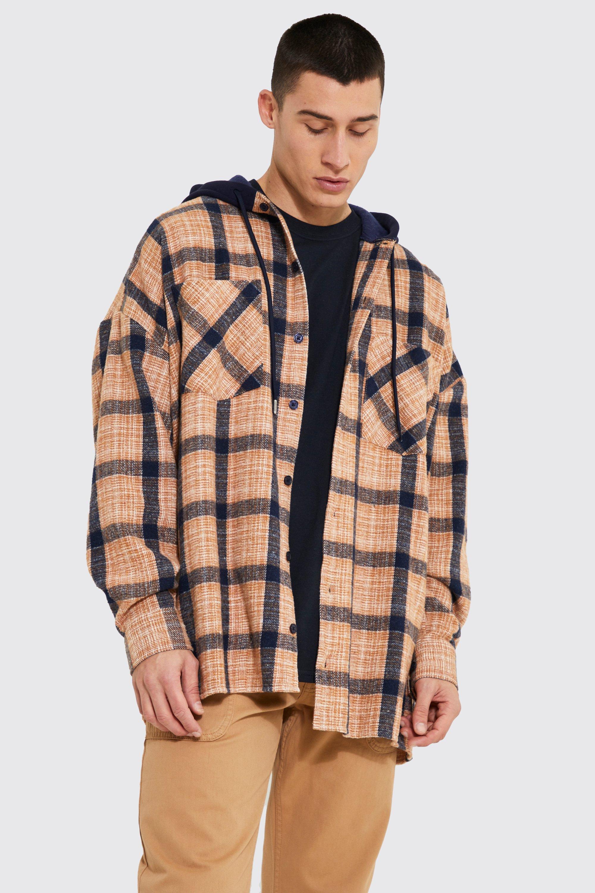 Heavyweight Hood Oversized Flannel Shirt Jacket | boohooMAN USA