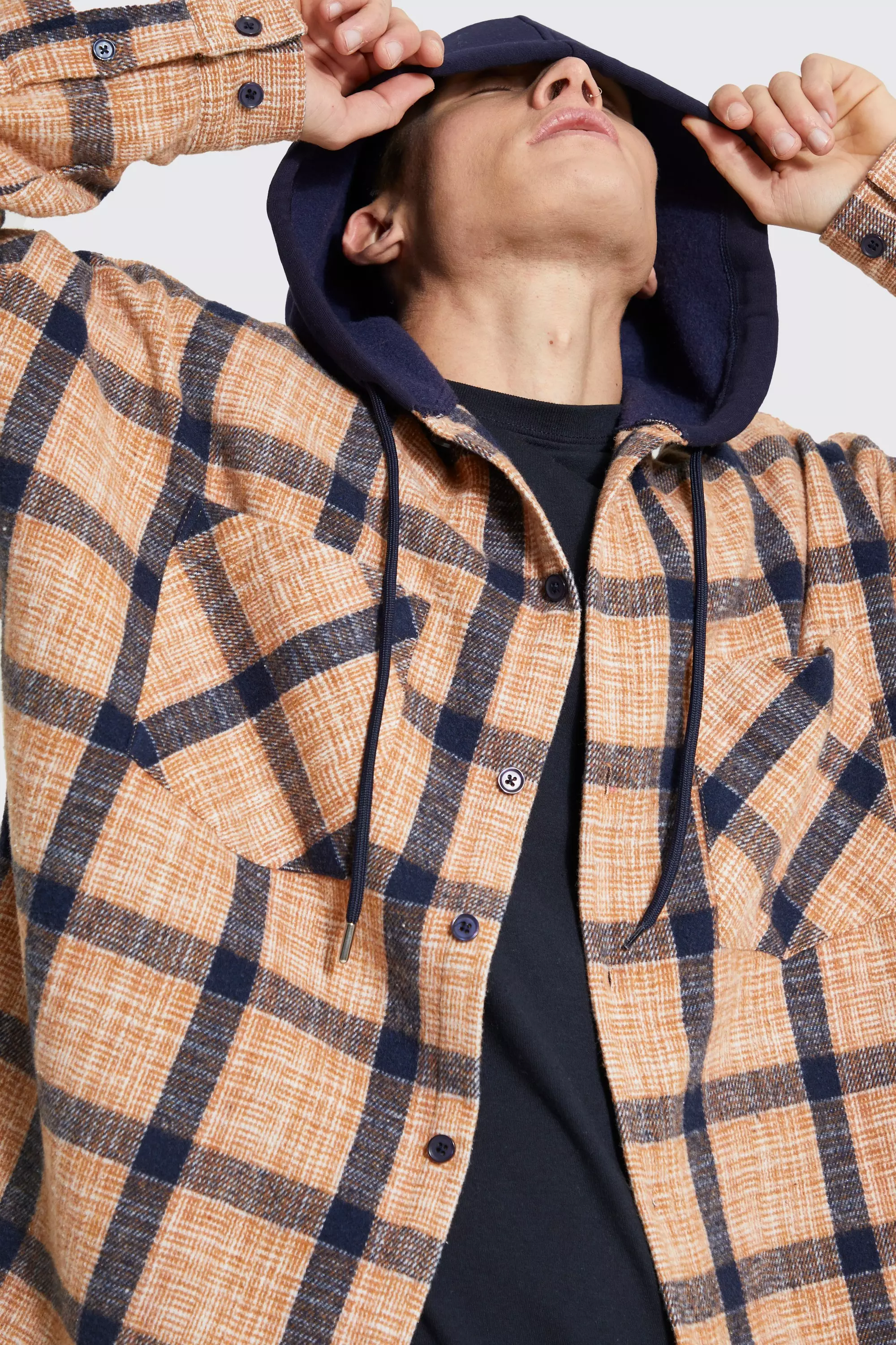 Oversized flannel with hood outlet