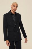 Black Double Breasted Skinny Piped Suit Jacket