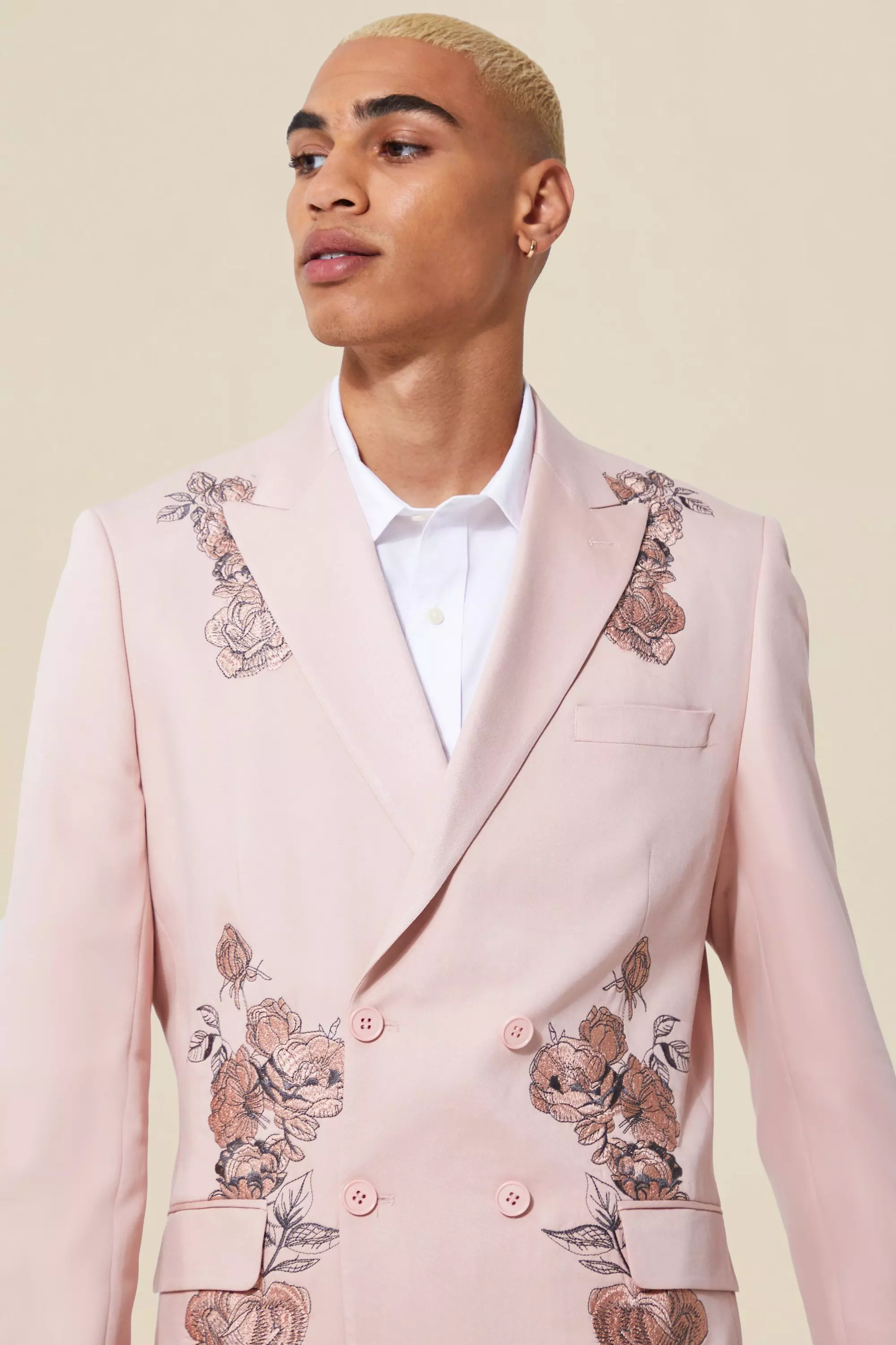 Pink Double Breasted Slim Embroidered Floral Jacket alternative image