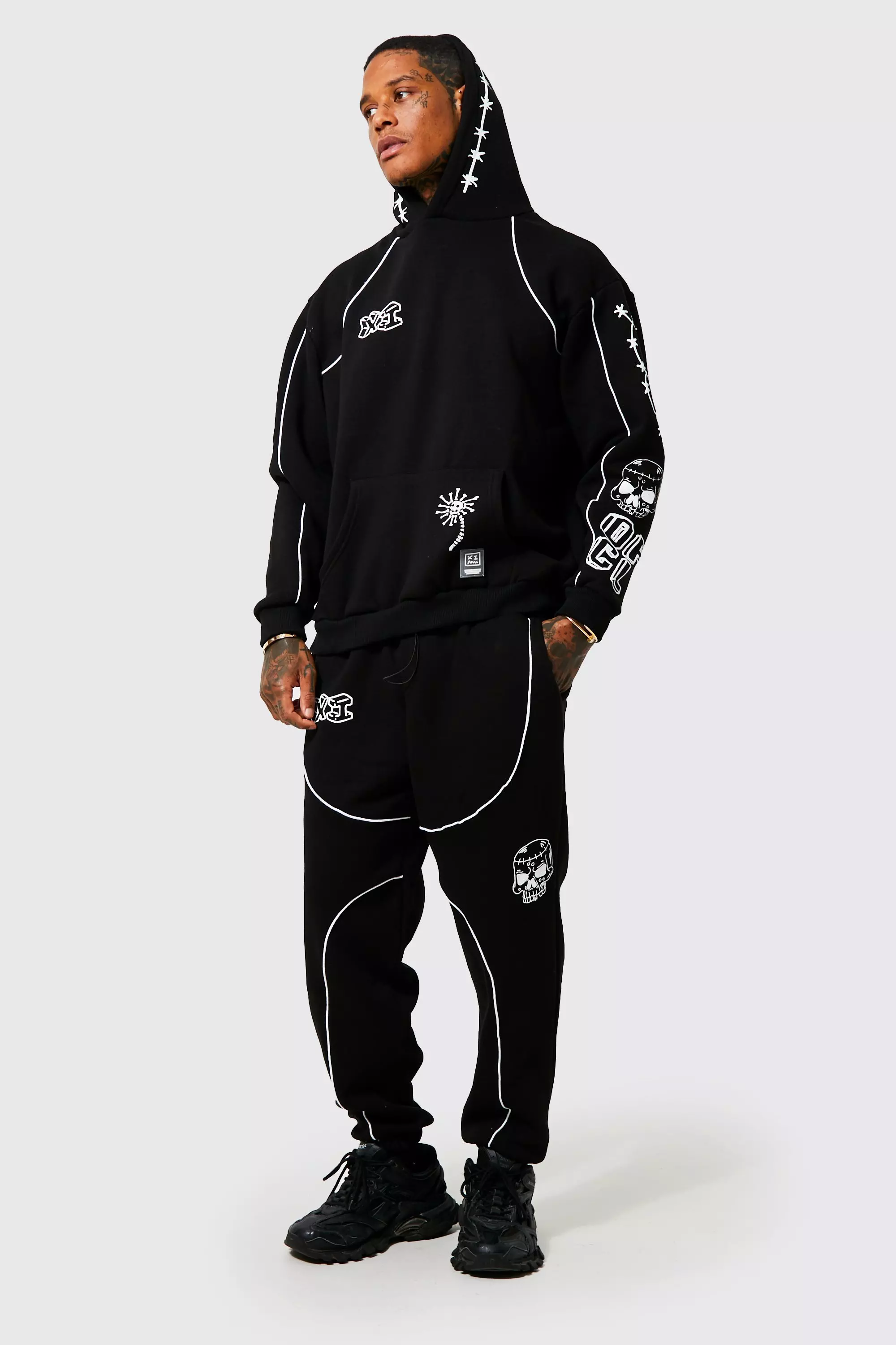 Black Oversized Graffiti Tracksuit With Piping alternative image