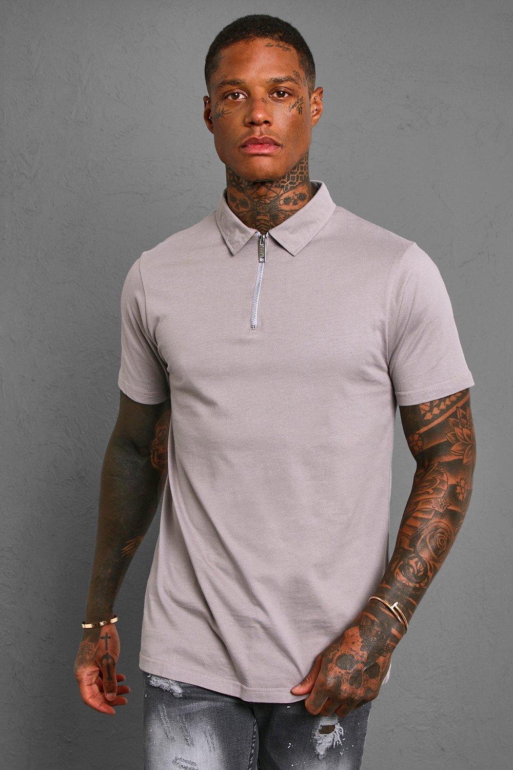 boohooMAN Collarless Slim Fit Zip Polo