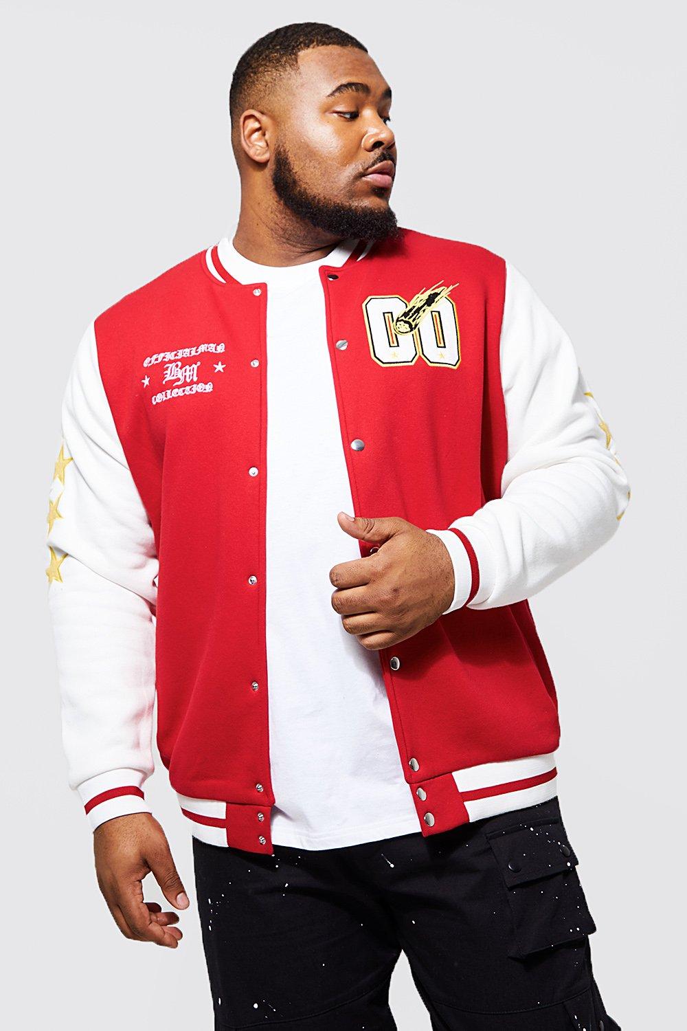 BoohooMAN Plus Red and White Cotton Jersey Bomber Varsity Jacket with Badges