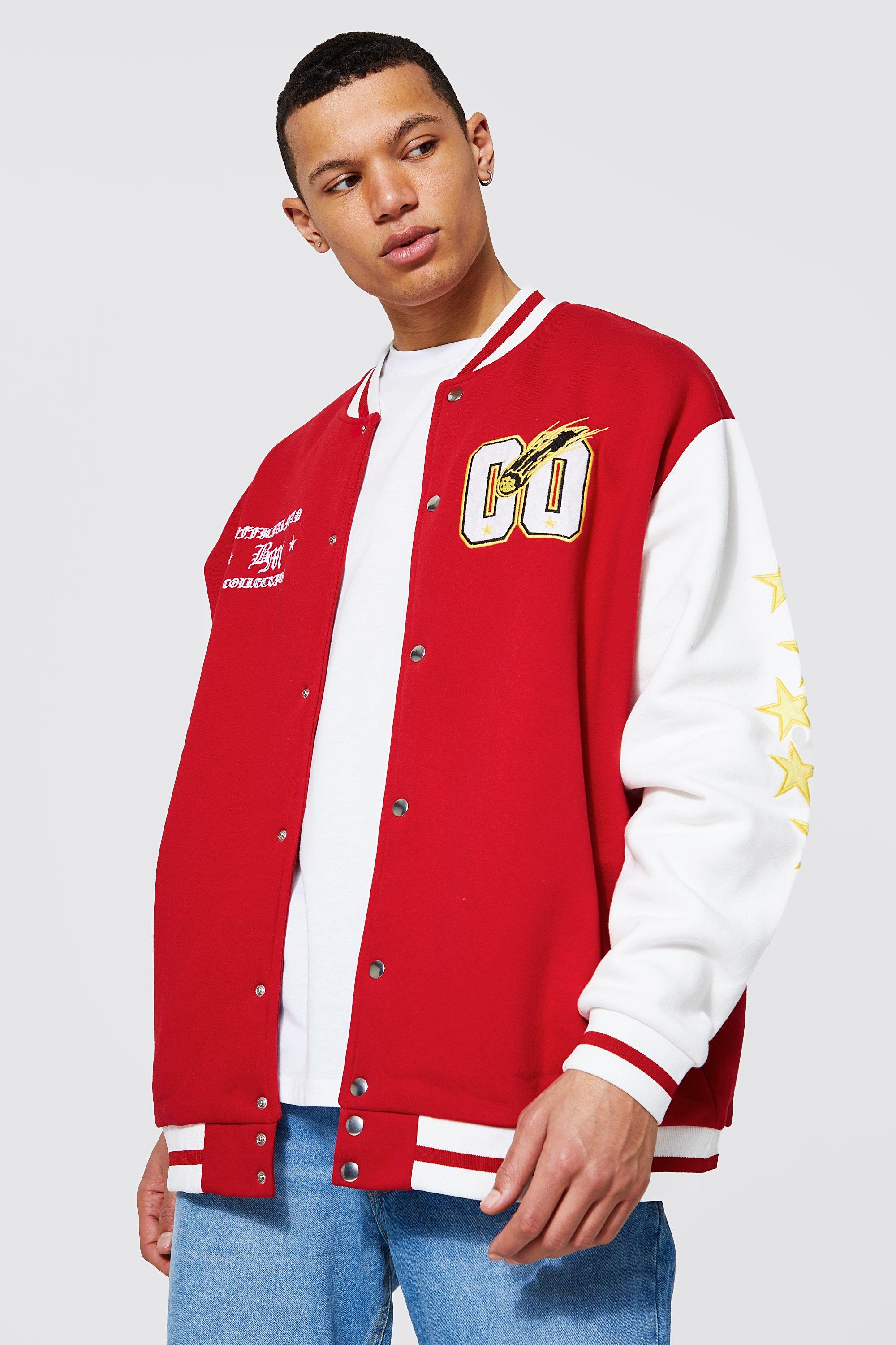 BoohooMAN Plus Red and White Cotton Jersey Bomber Varsity Jacket with Badges