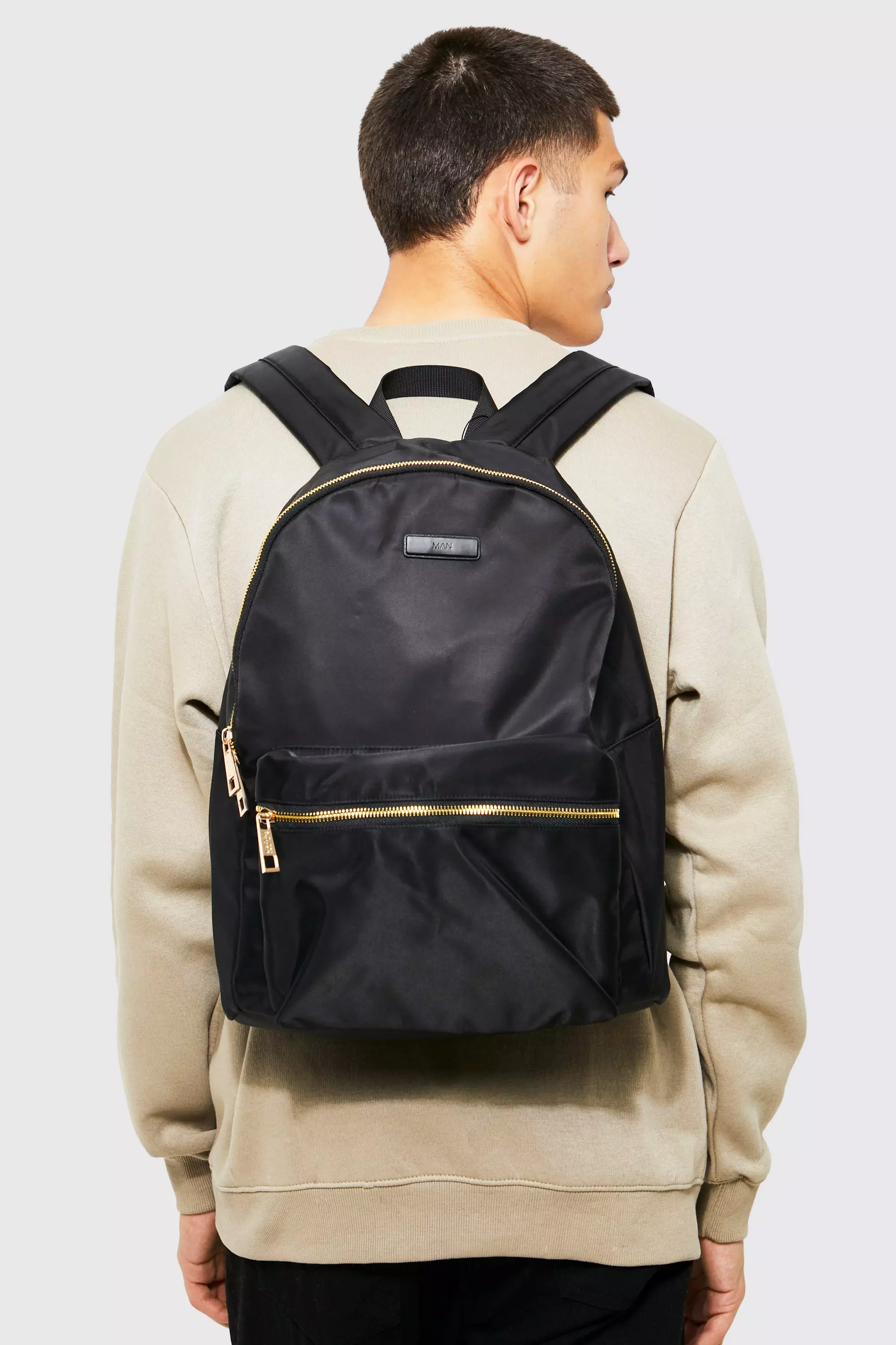 Smart Nylon Gold Zip Rucksack boohooMAN UK