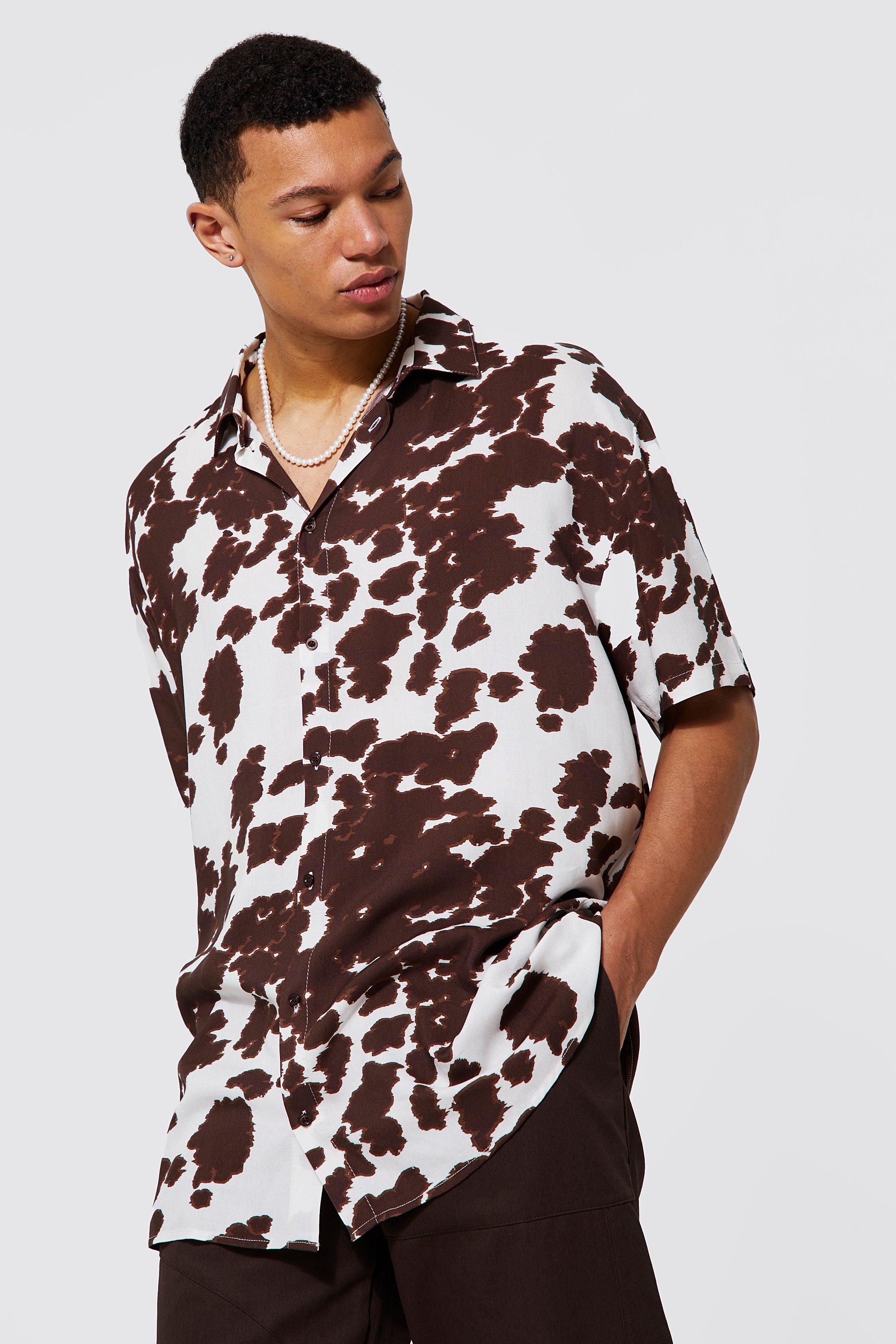 bemærkning Bliver værre fløjte Tall Viscose Cow Print Shirt | boohooMAN USA