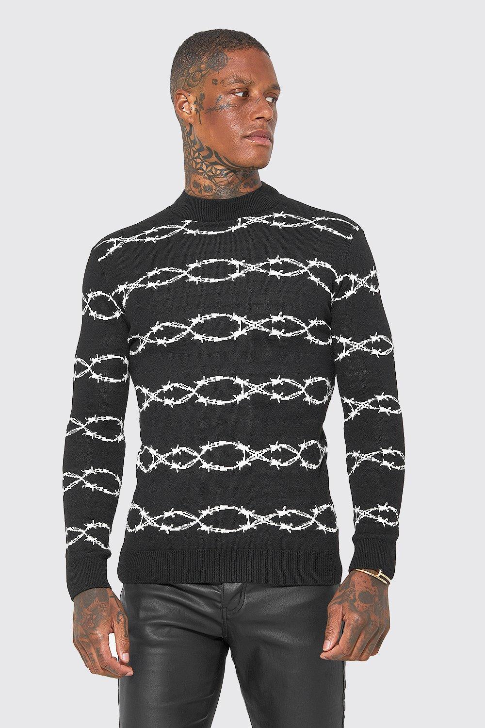 Turtle Neck Muscle Fit Barbed Wire Sweater | boohooMAN USA