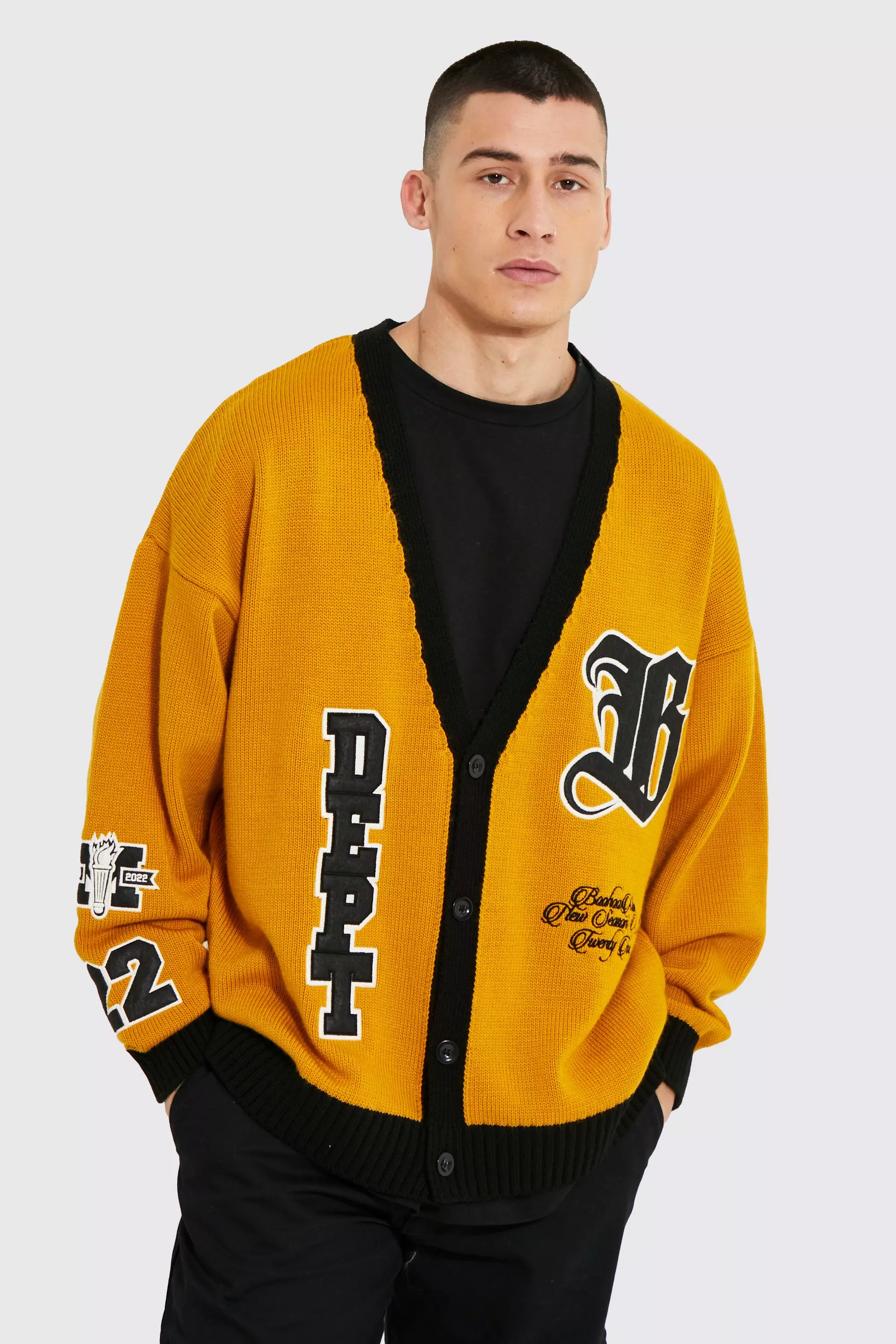 Oversized Official Badge Varsity Cardigan boohooMAN