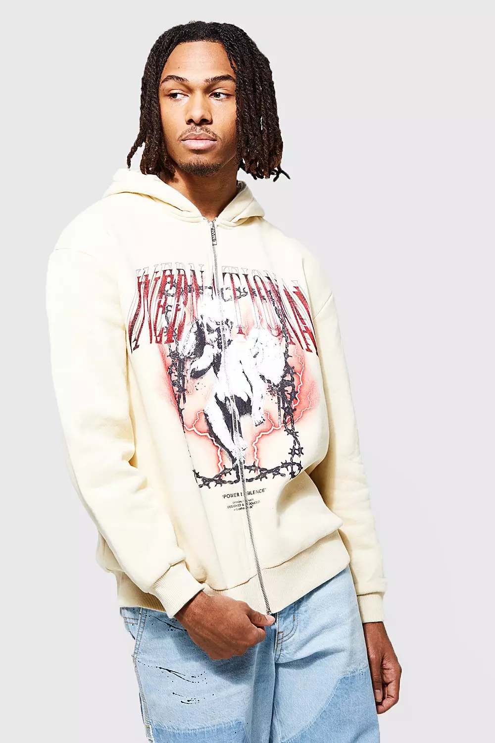Sand Oversized Heartless Print Zip Through Hoodie alternative image
