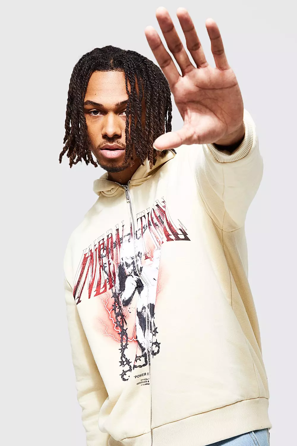 Sand Oversized Heartless Print Zip Through Hoodie alternative image