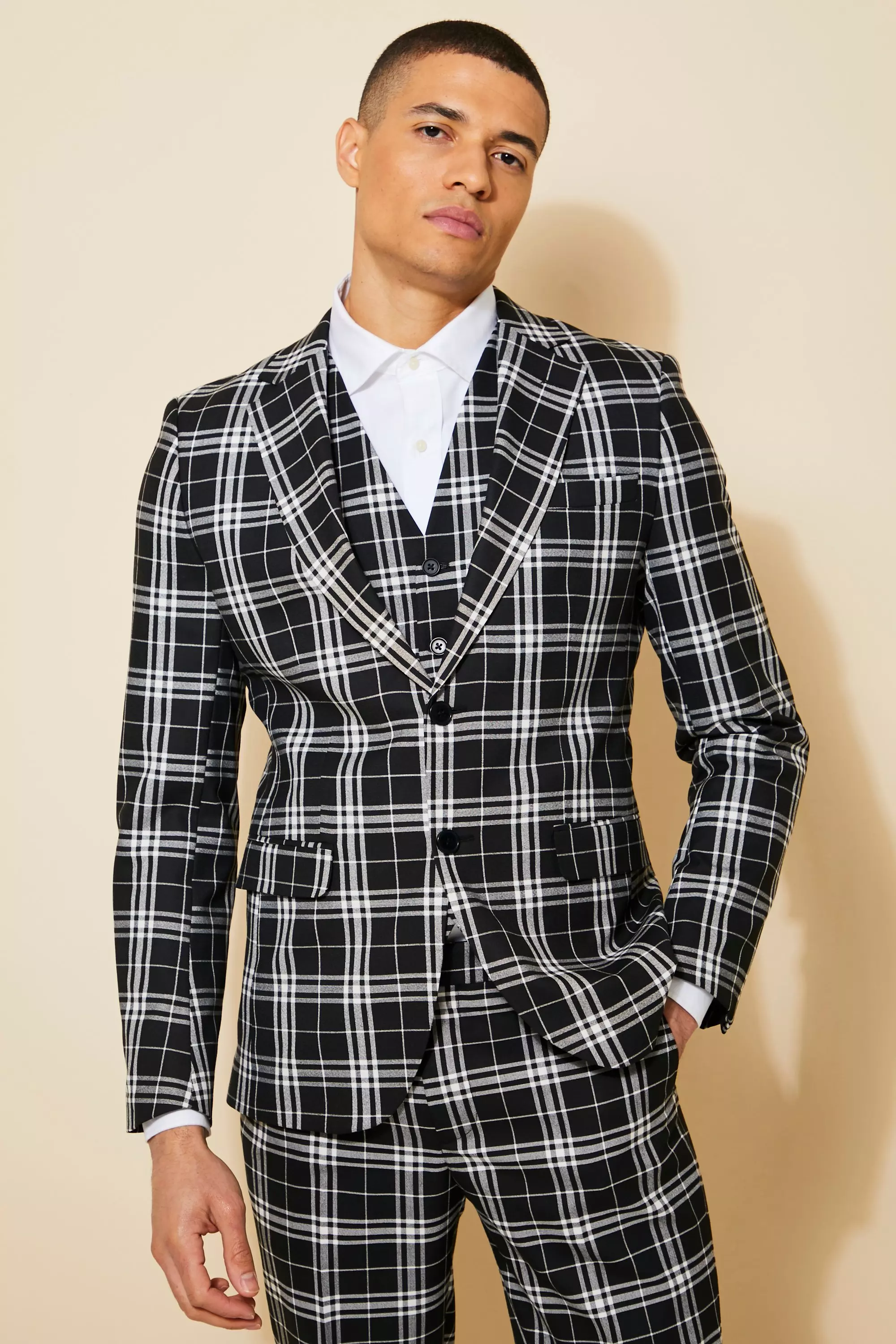 Black and white check suit jacket sale