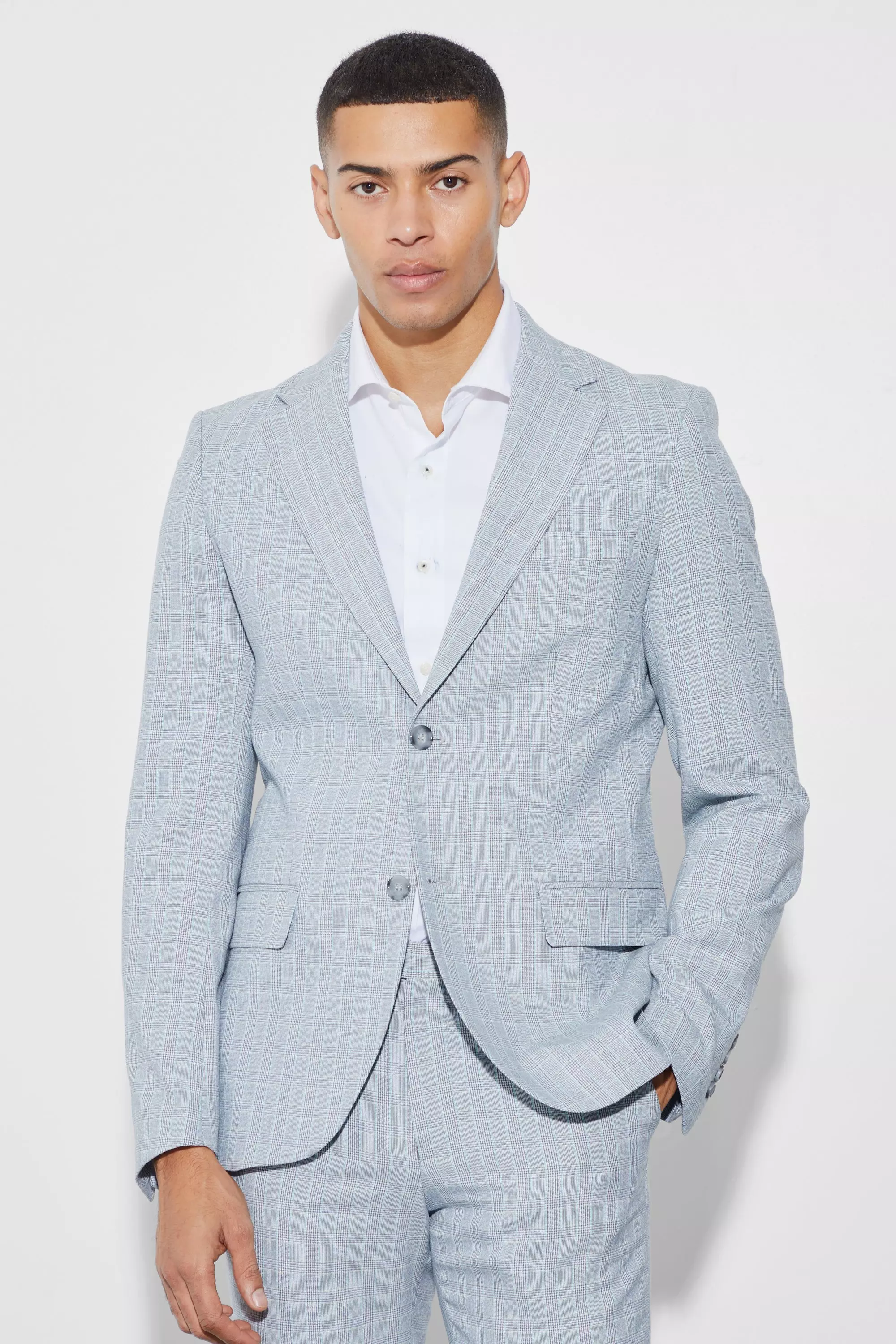 Grey Slim Single Breasted Check Suit Jacket