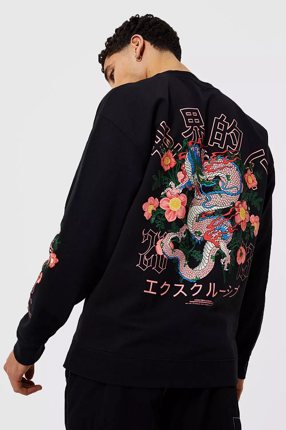 Felpa Oversize Con Grafica Di Drago A Fiori, Black immagine alternativa