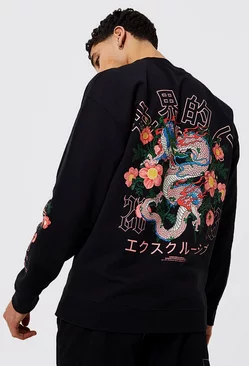 Oversized Dragon Floral Graphic Sweatshirt Black