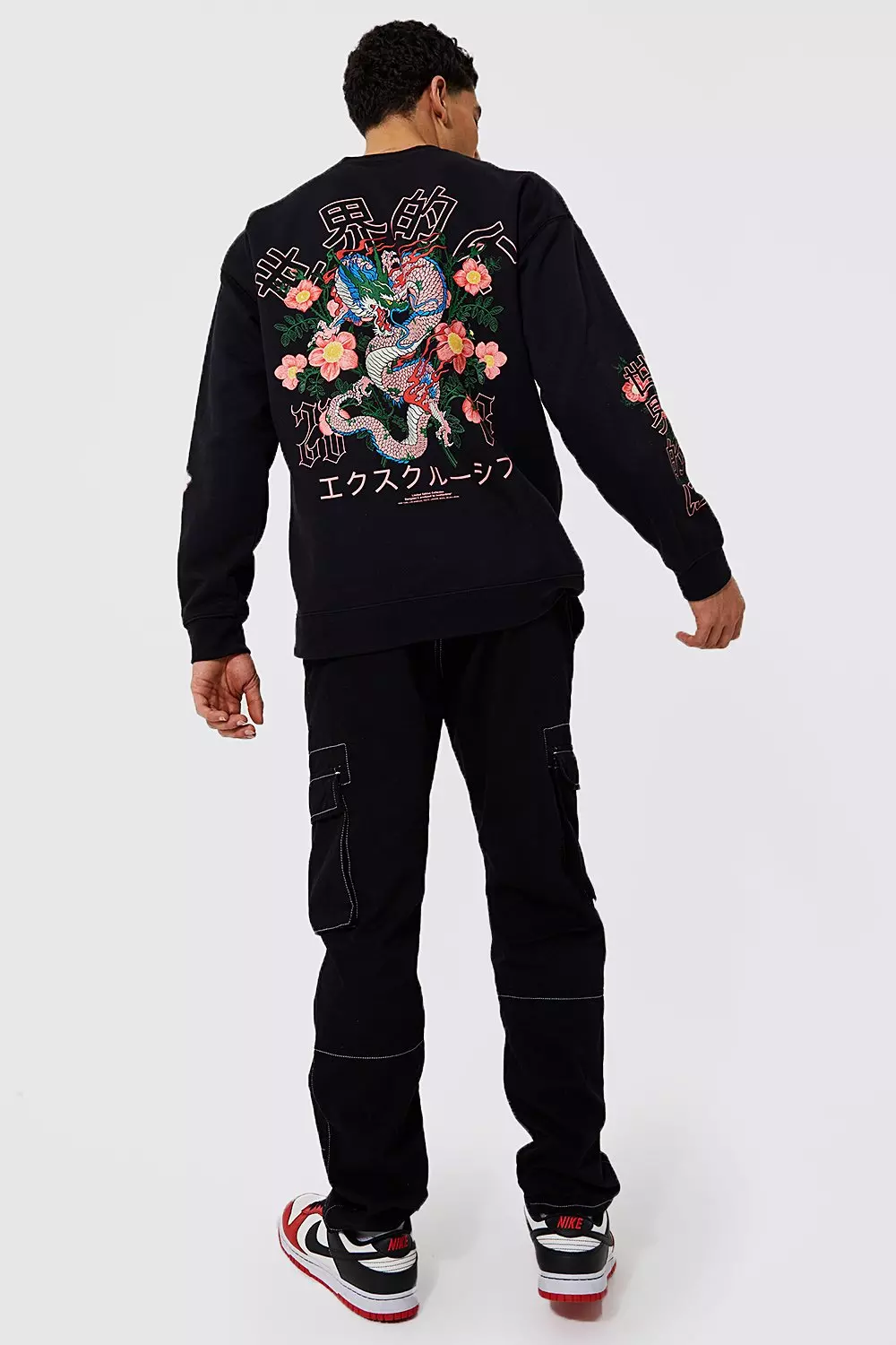 Felpa Oversize Con Grafica Di Drago A Fiori, Black immagine alternativa
