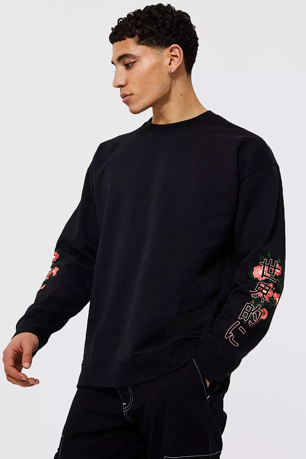 Felpa Oversize Con Grafica Di Drago A Fiori, Black immagine alternativa