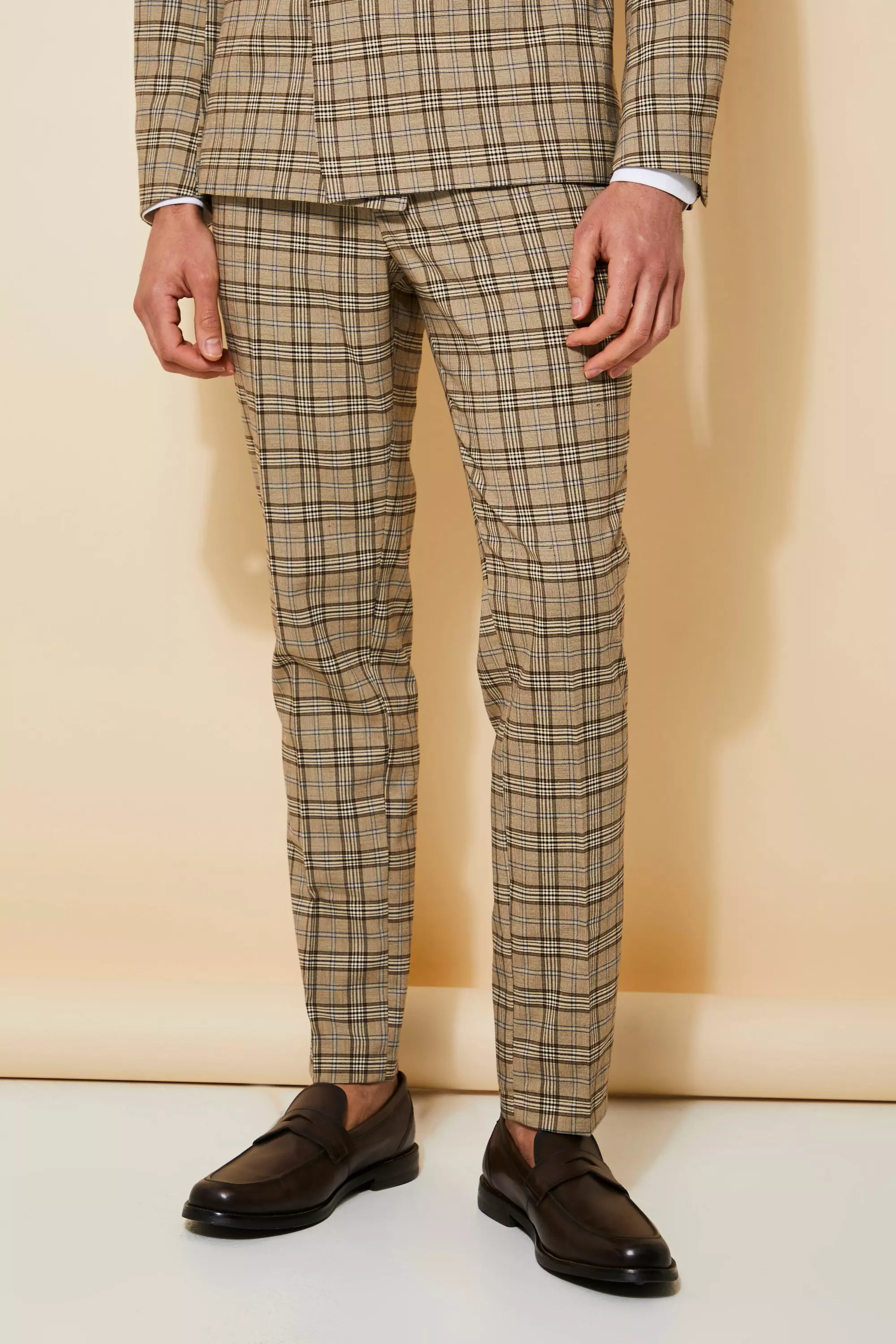 Beige Skinny Check Suit Pants