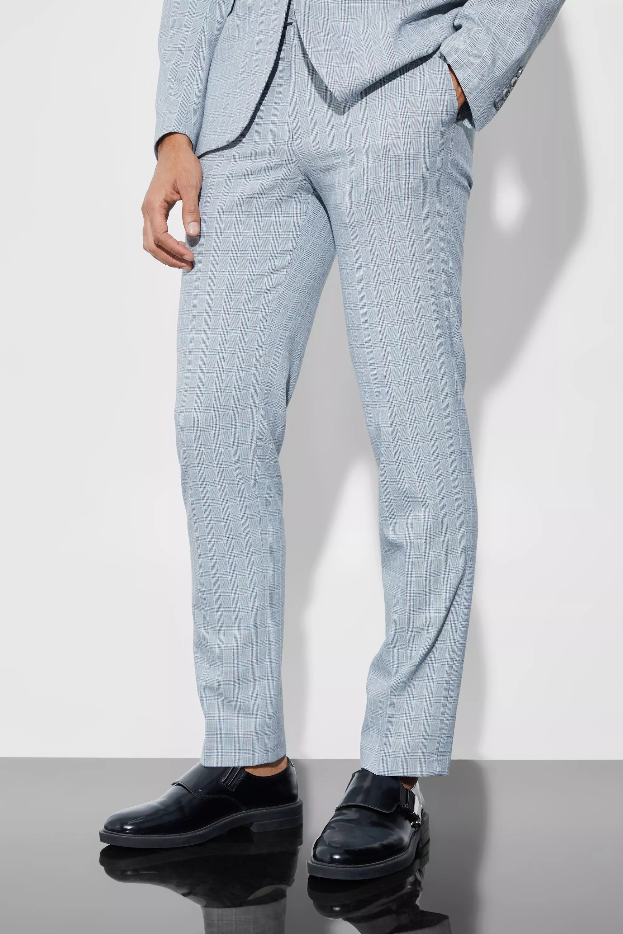 Grey Slim Check Suit Pants