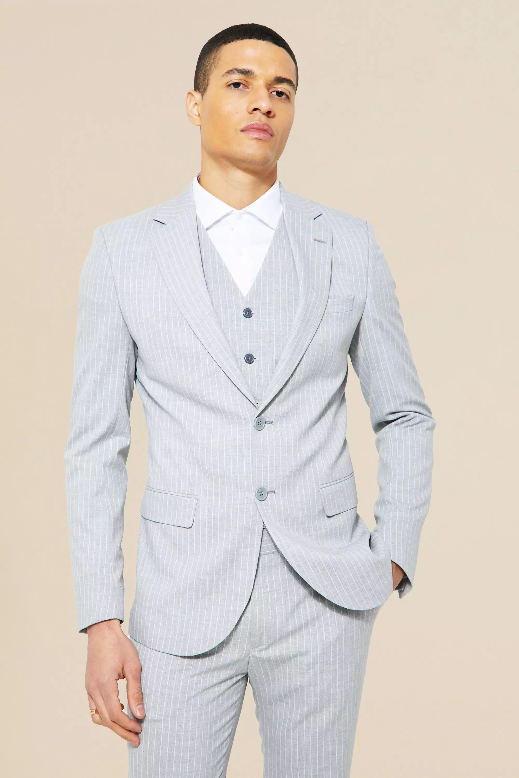 Skinny Single Breasted Pinstripe Suit Jacket Light grey