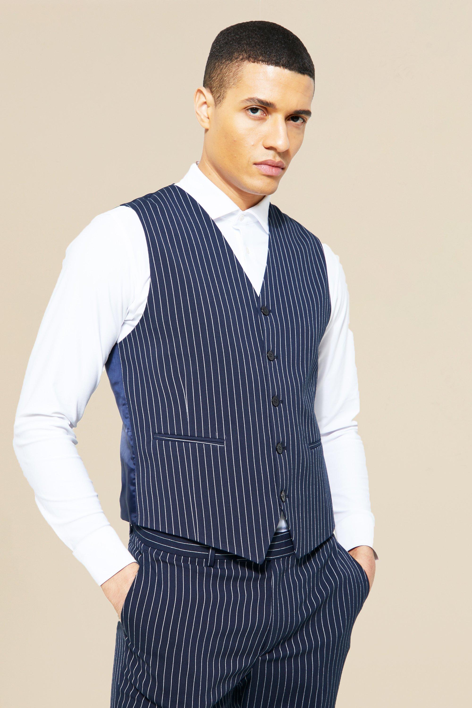 Navy Skinny Pinstripe Waistcoat