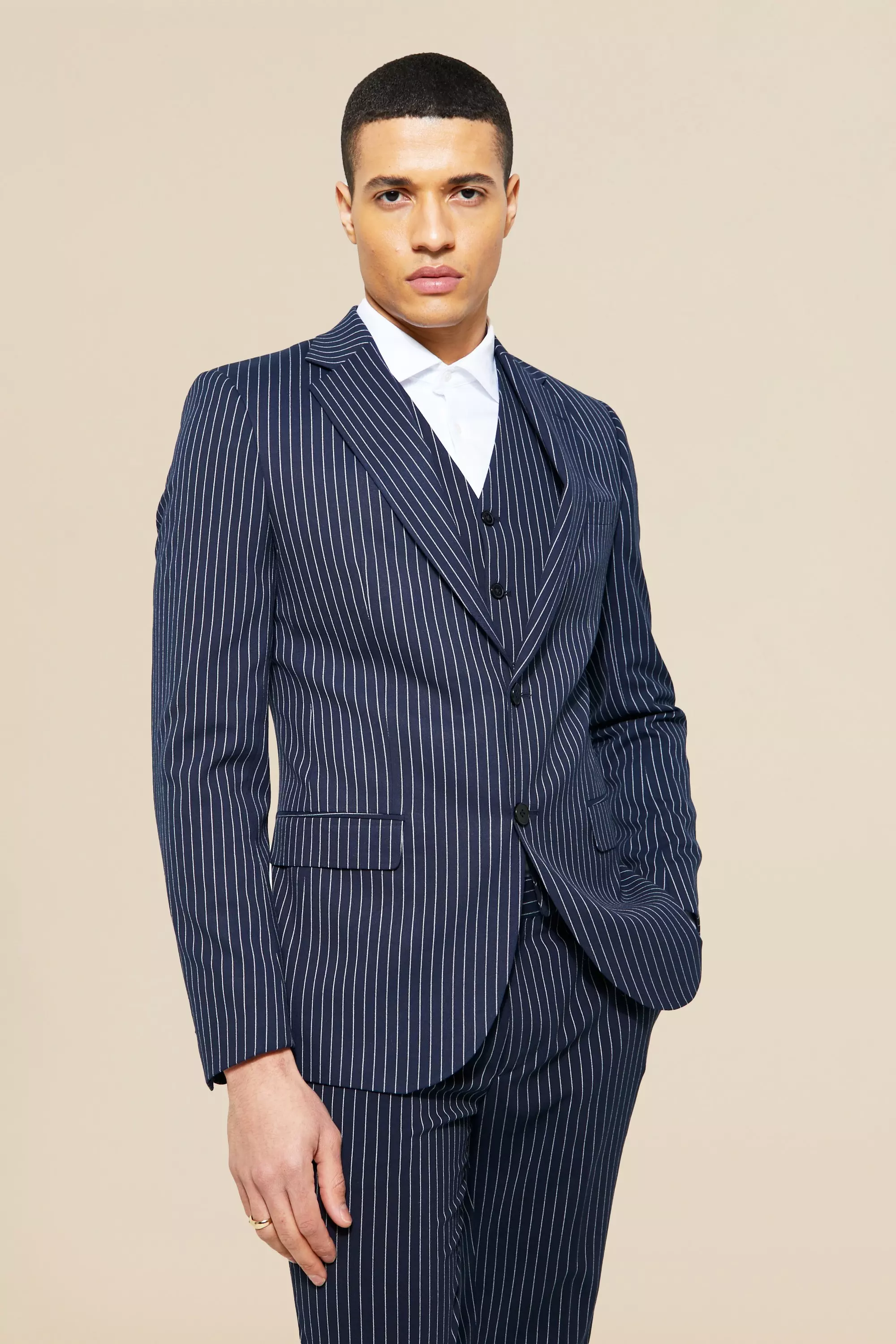 boohooMAN Mens Skinny Navy Pinstripe Double Breasted Jacket - Big & Tall