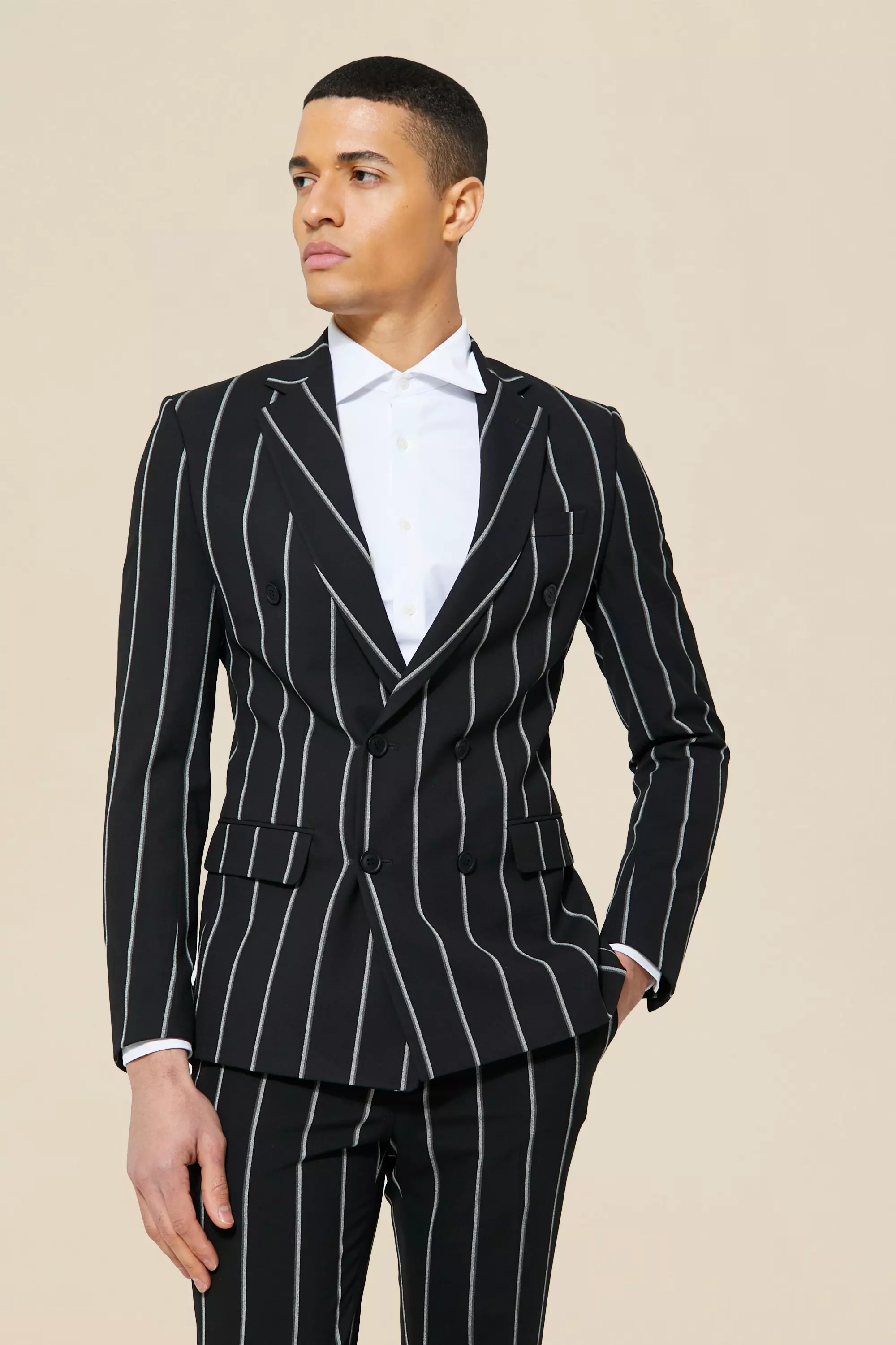 black and white striped suit