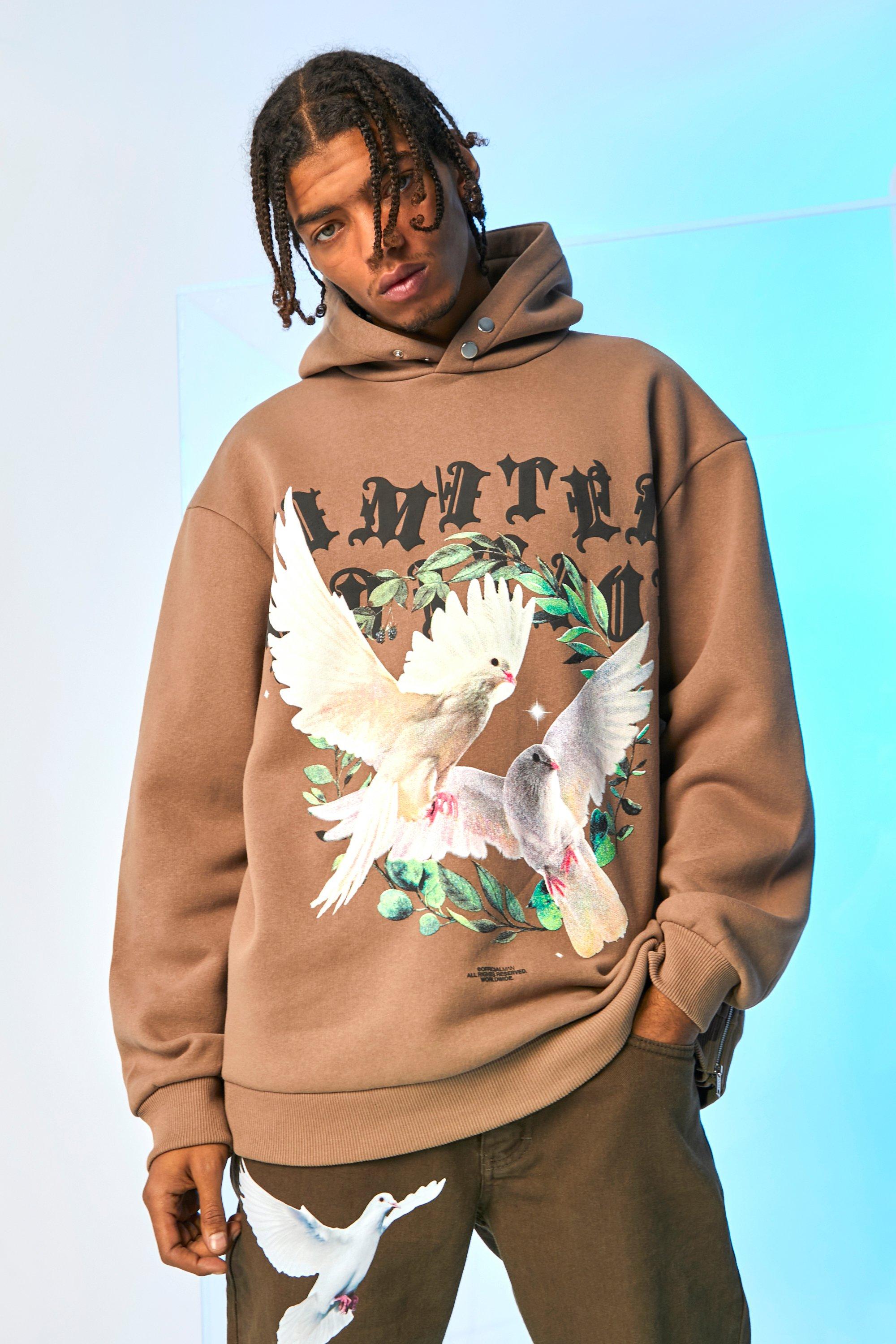 Oversized Dove Graphic Zip Hem Hoodie boohooMAN USA