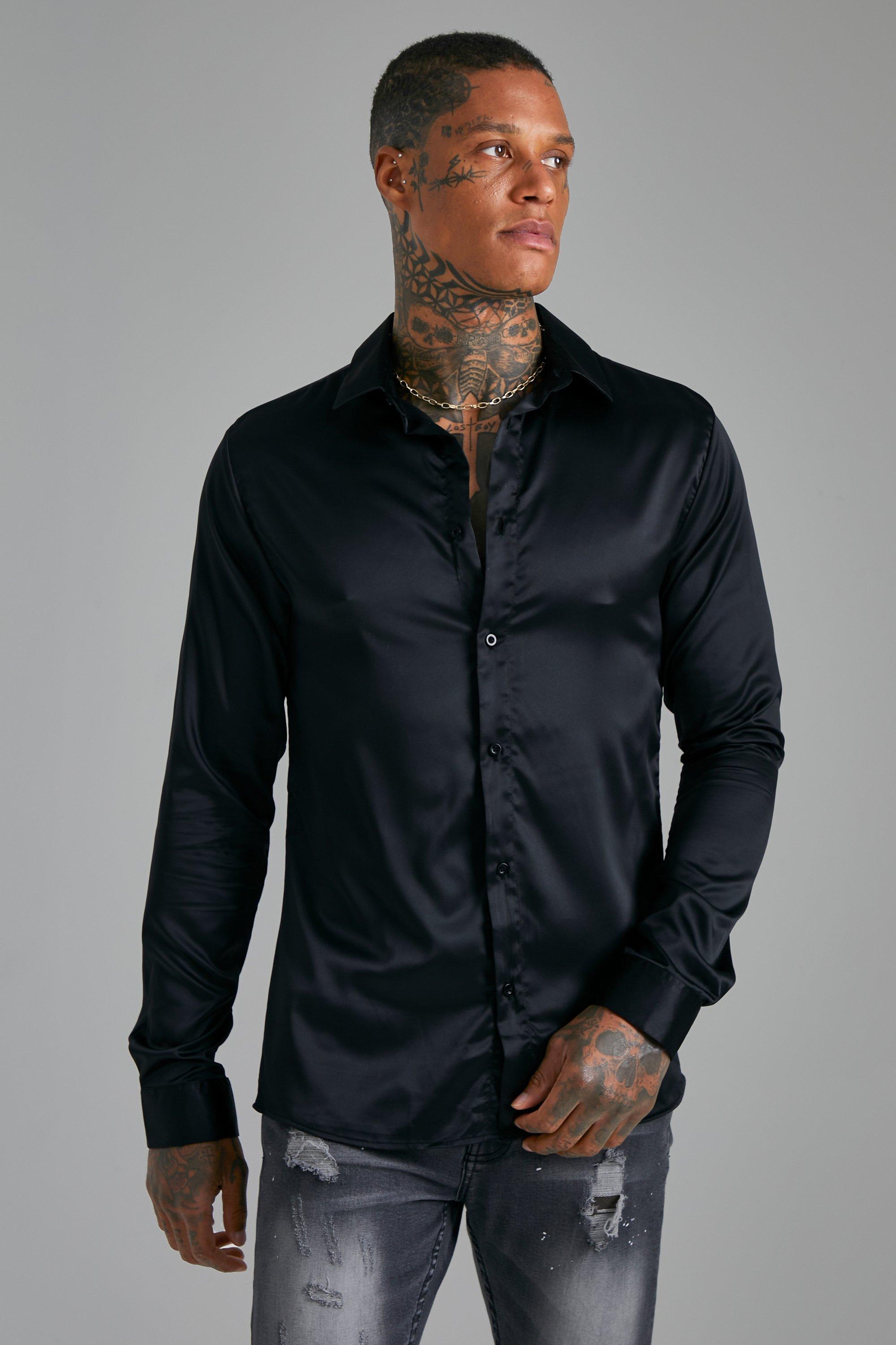 ASOS Regular Fit Satin Mandarin Collar Shirt in Black for Men