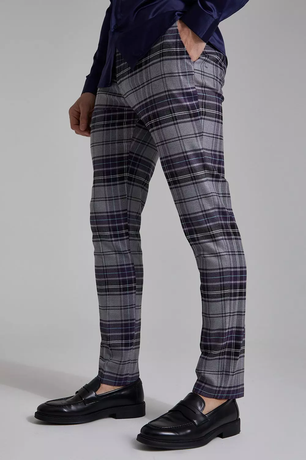 Skinny Purple Smart Plaid Pants boohooMAN USA