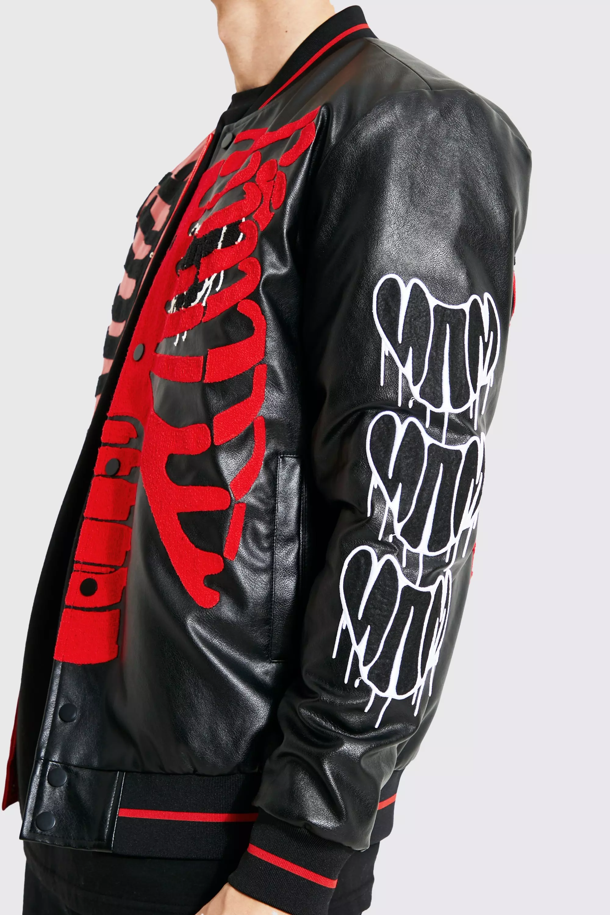 Spliced Skeleton And Heart Varsity Bomber | boohooMAN USA