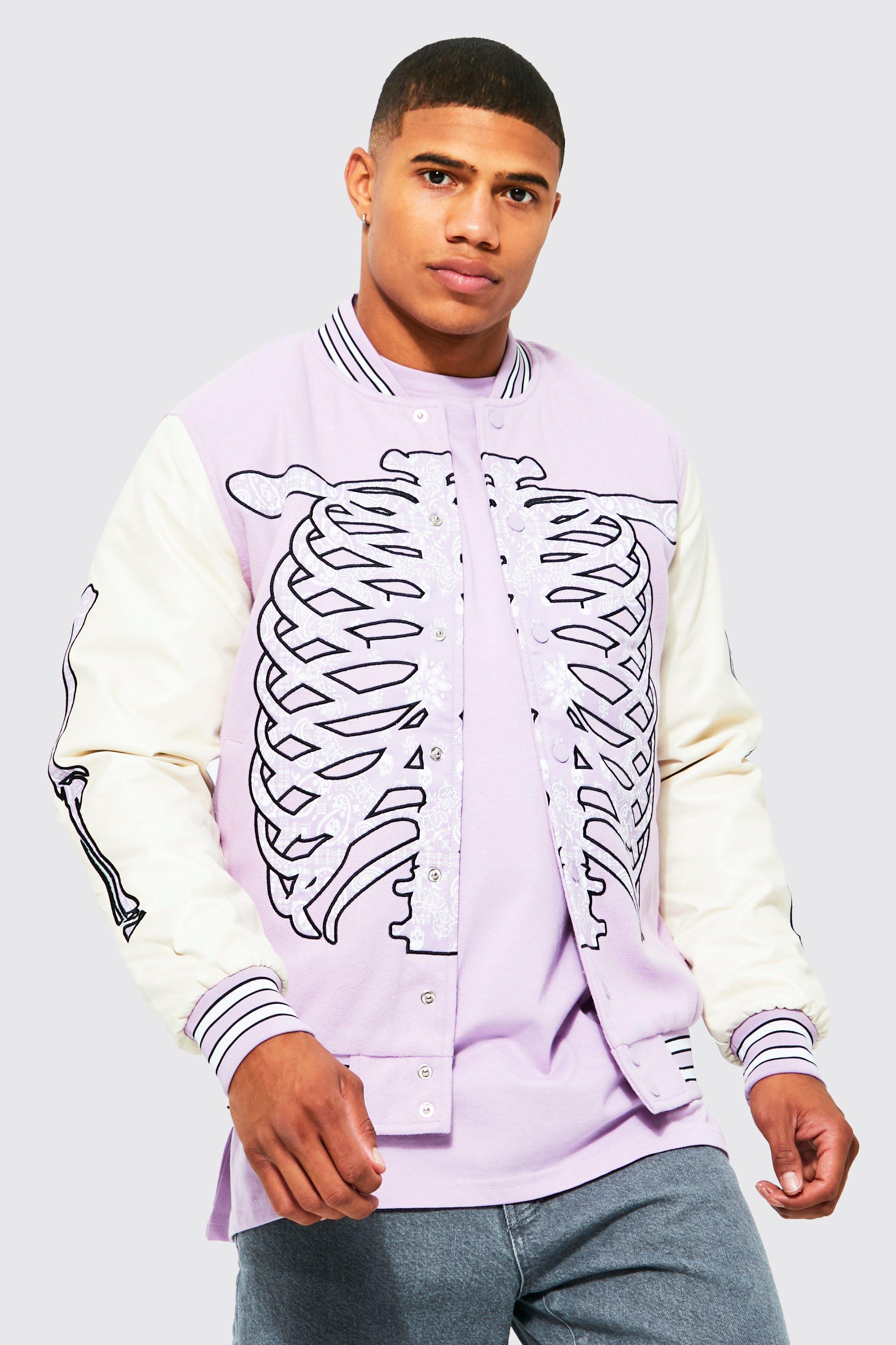 boohooMAN Men's Official Man Back Skeleton Varsity Jacket