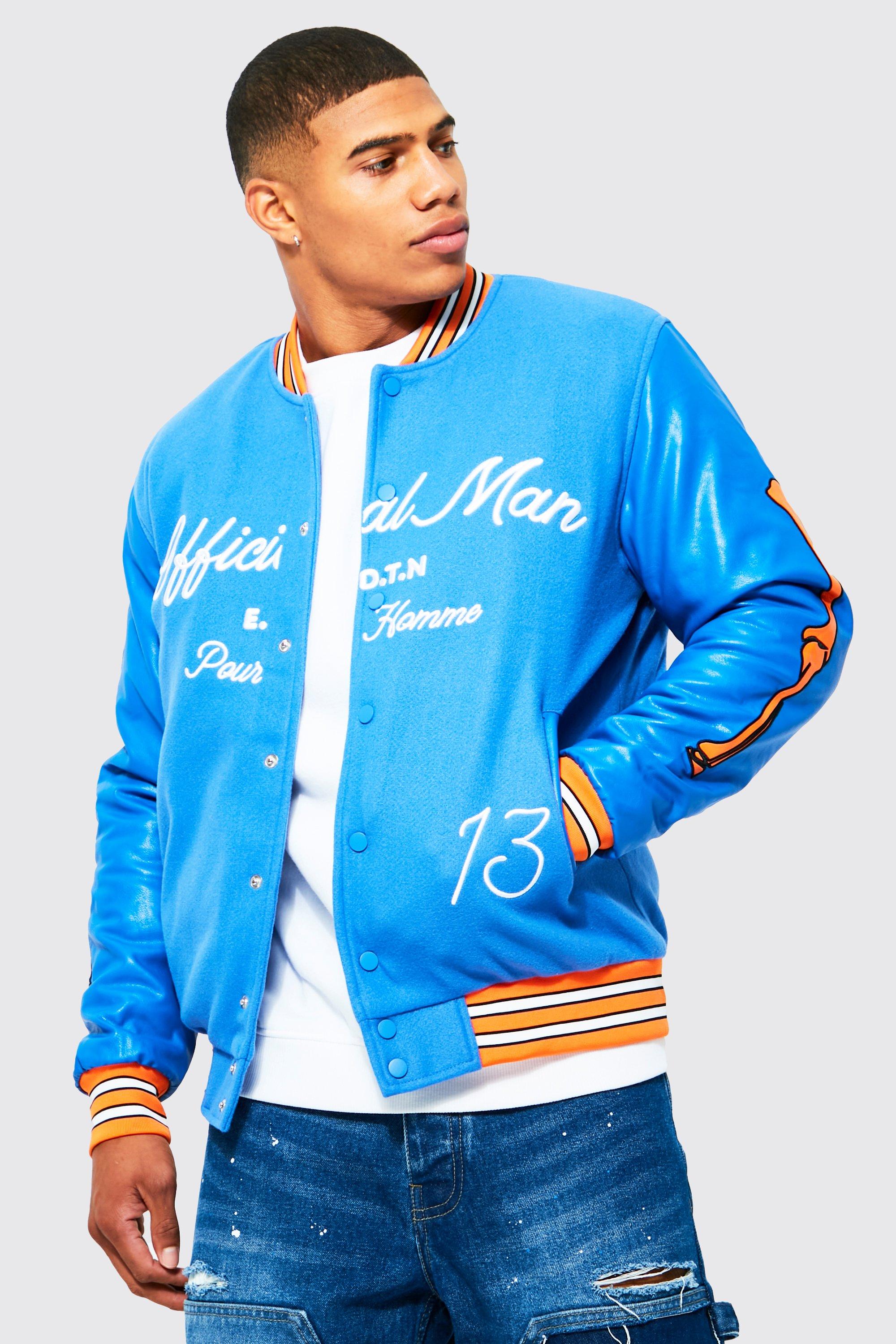 Official Man Back Skeleton Varsity Jacket | boohooMAN USA