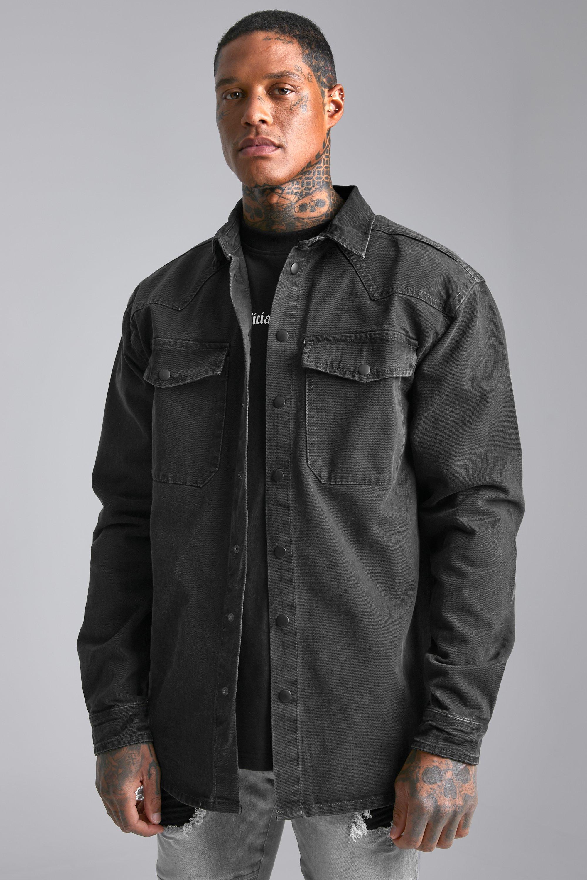 Oversized Fit Popper Western Denim Shirt | boohooMAN USA